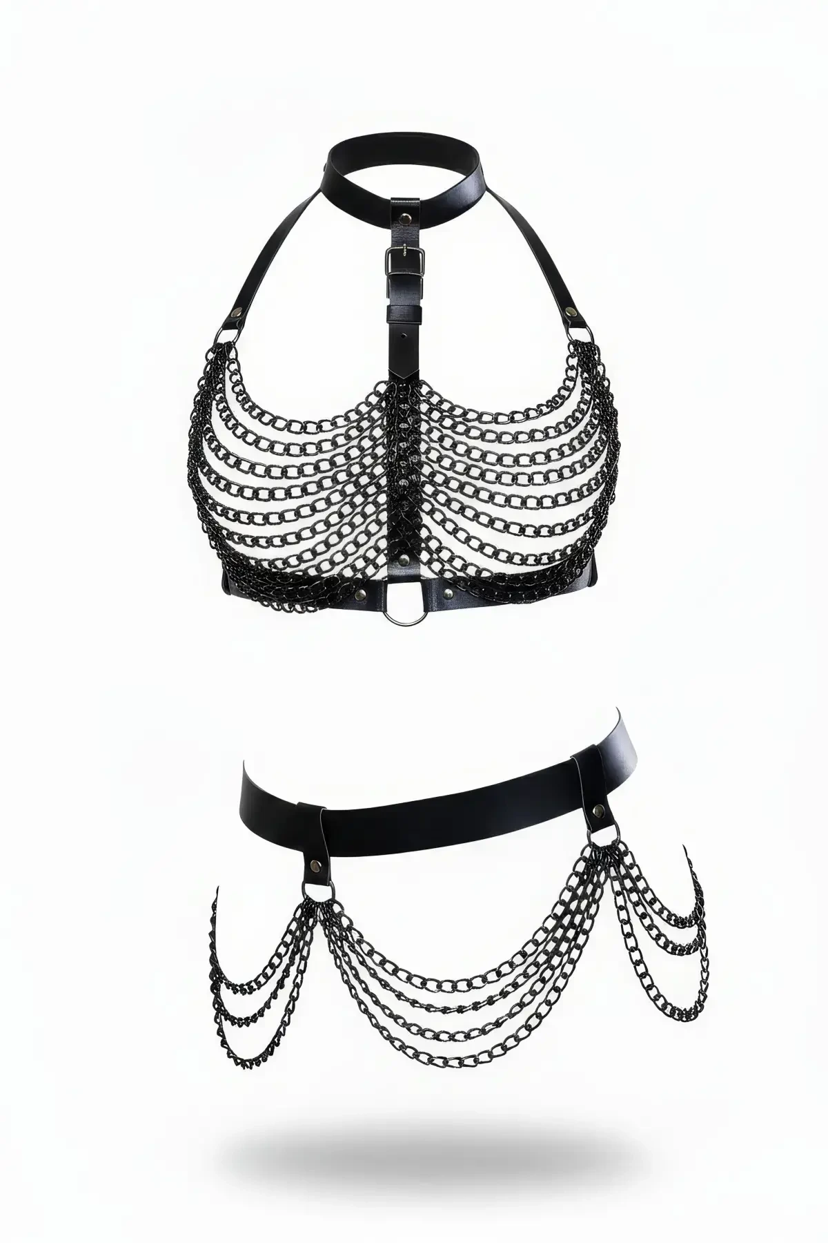 Siyah Kadın Kemer Deri Zincir Detaylı Vücut Aksesuarı - APFT438