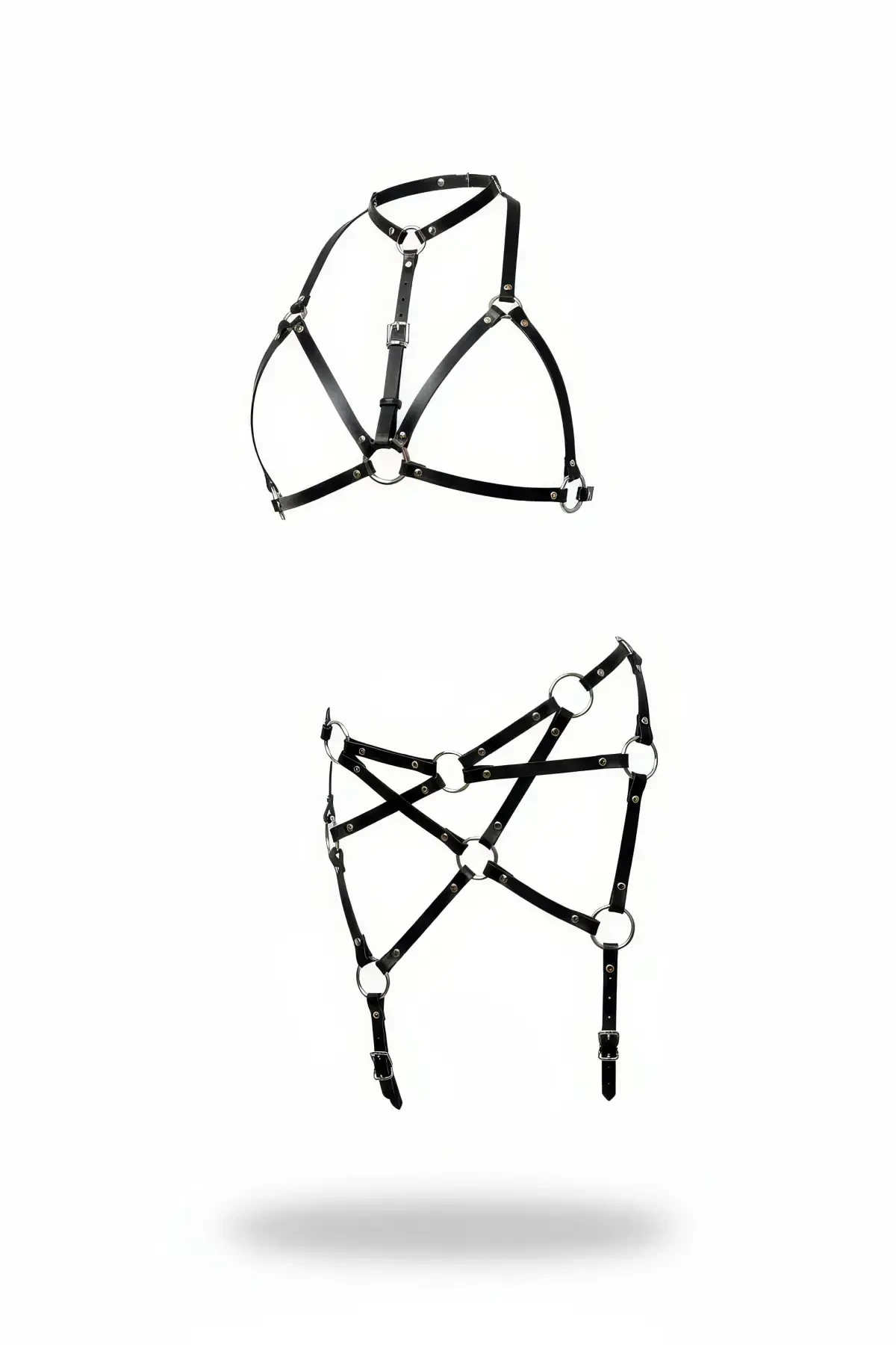 Black Harness Suit with Leather Metal Ring Detail - APFT444