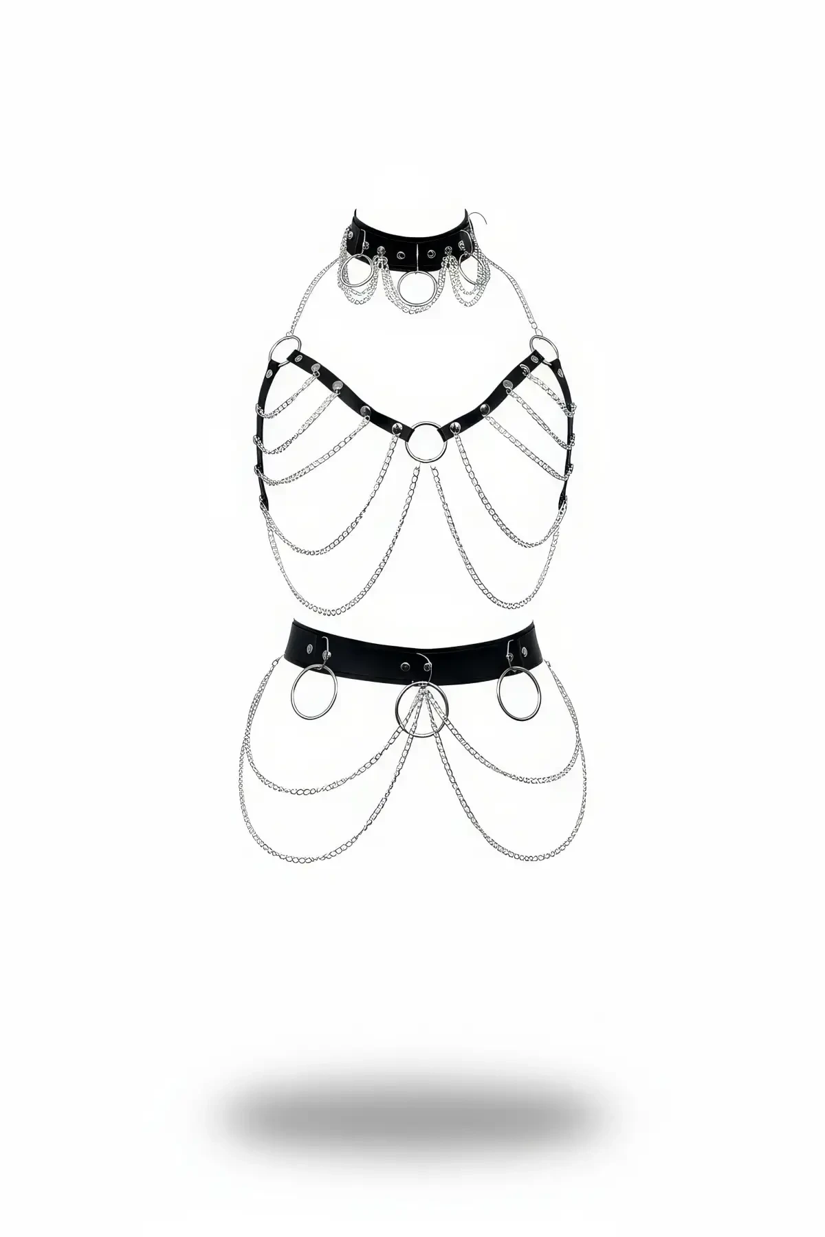 Black Harness Suit Leather Chain Detailed Body Accessory - APFT454