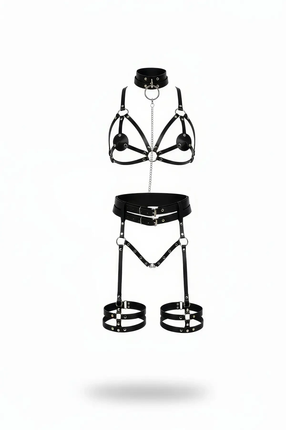 Black Harness Suit Leather Chain Detailed Body Accessory - APFT456