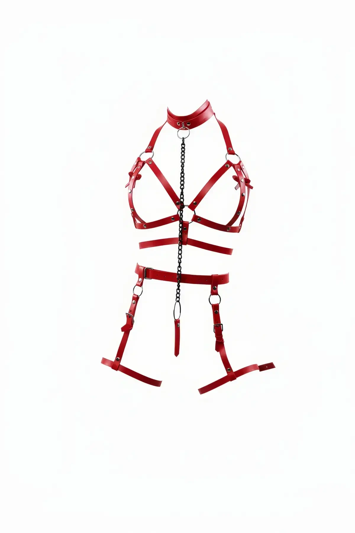 Red Harness Suit Leather Chain Detailed Body Garter - APFT457