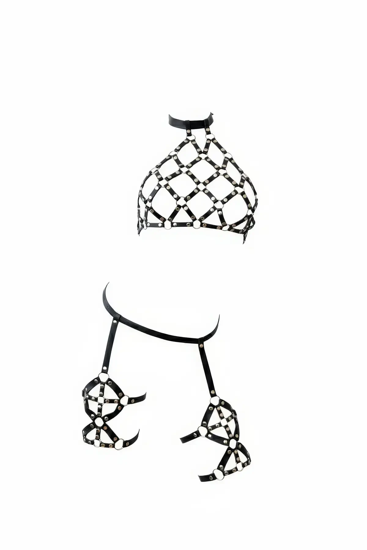 Black Harness Set with Caged Leather Ring Detail - APFT460