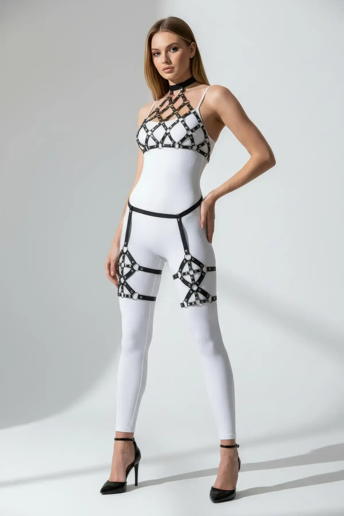 Black Harness Set with Cage Detail and Leg Accessories - APFT460