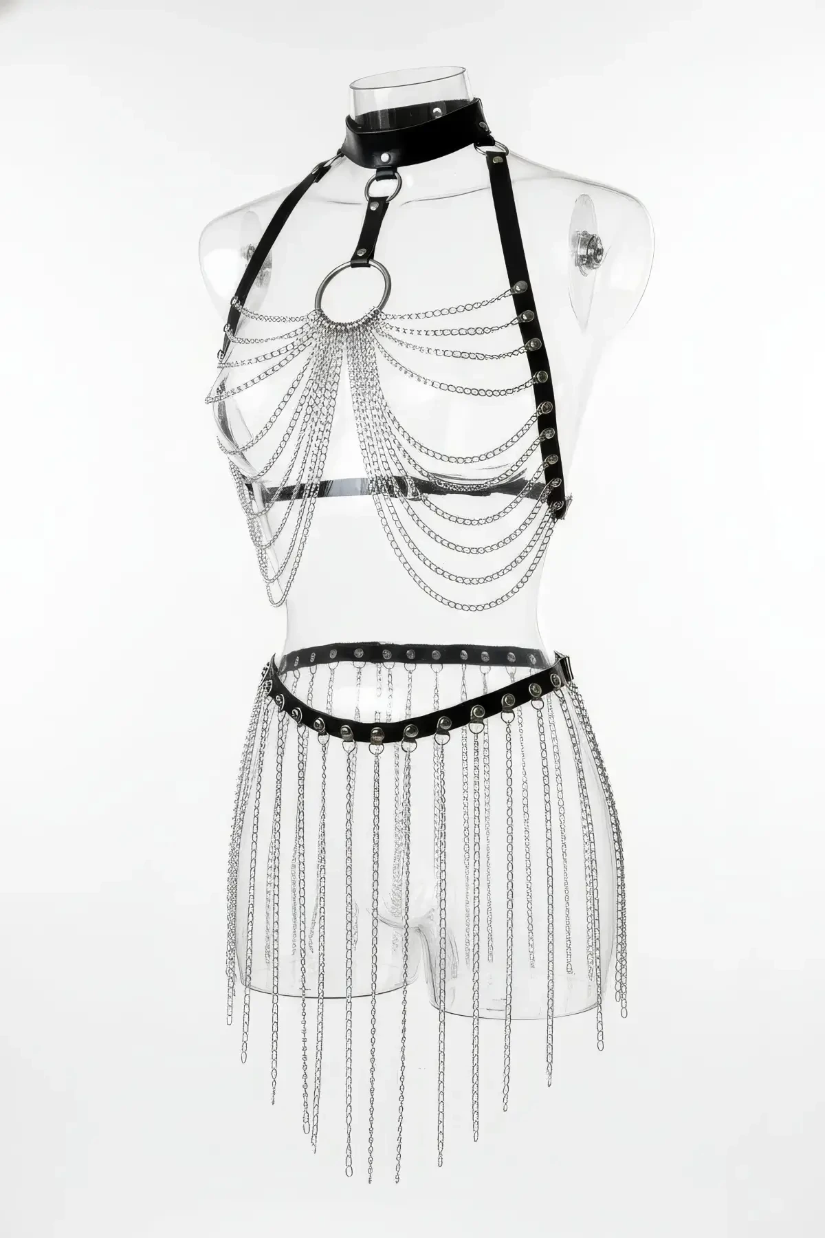 Black Skirt Faux Leather Skirt Metal Chain Detailed Skirt - APFT462