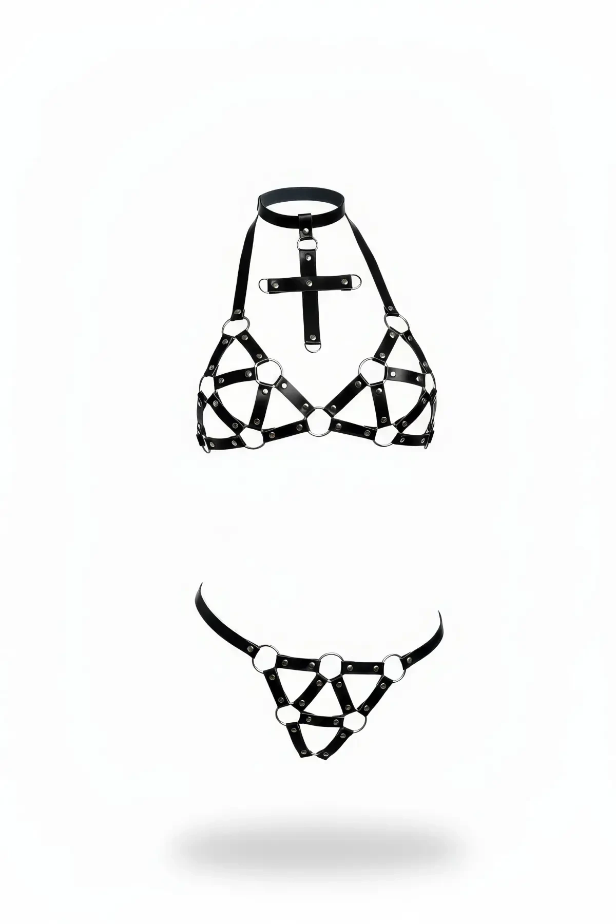 Black Harness Set Leather with Cross Detail and Rings - APFT464