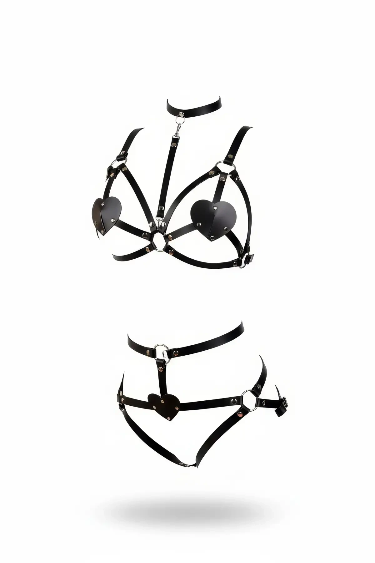 Black Harness Suit with Heart Detail Leather Body Accessory - APFT467