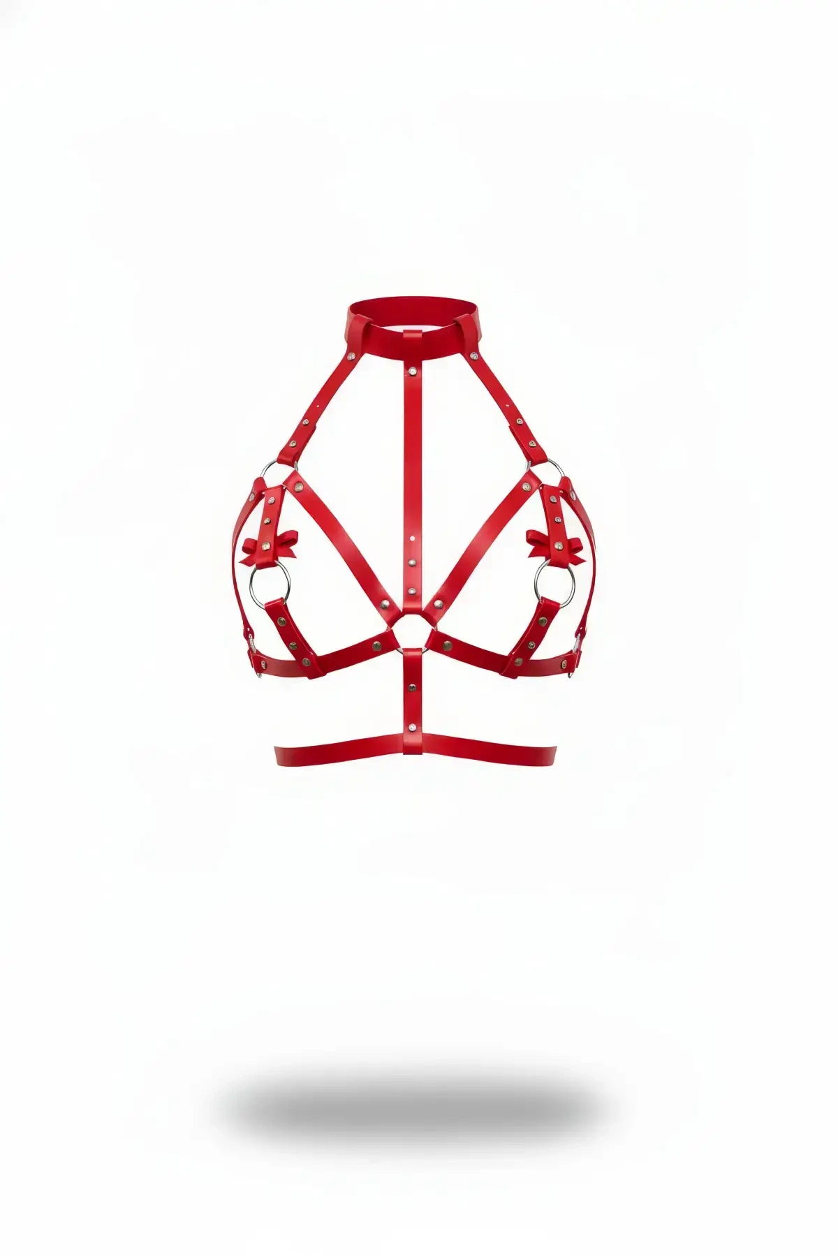 Red Chest Harness Leather High Collar with Bow - APFT473