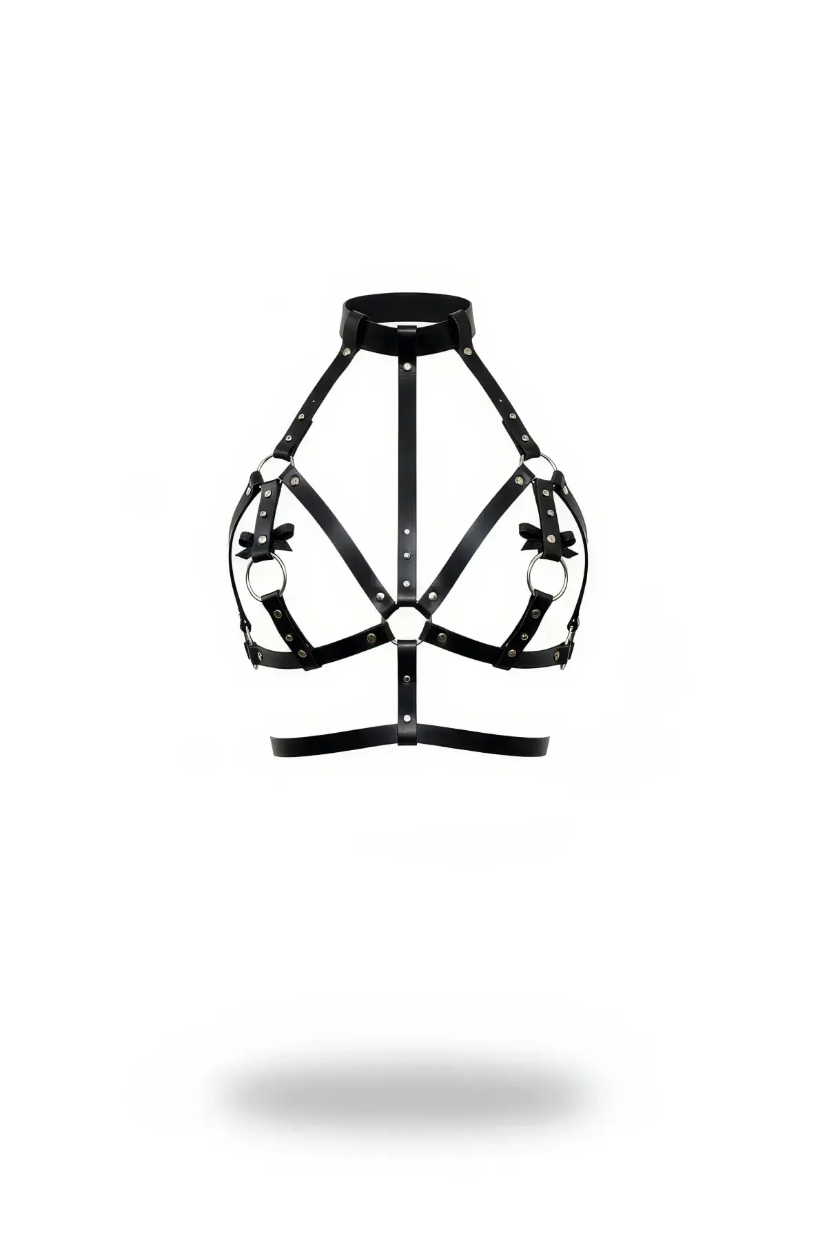 Black Chest Harness Faux Leather Bow Detailed High Collar - APFT473