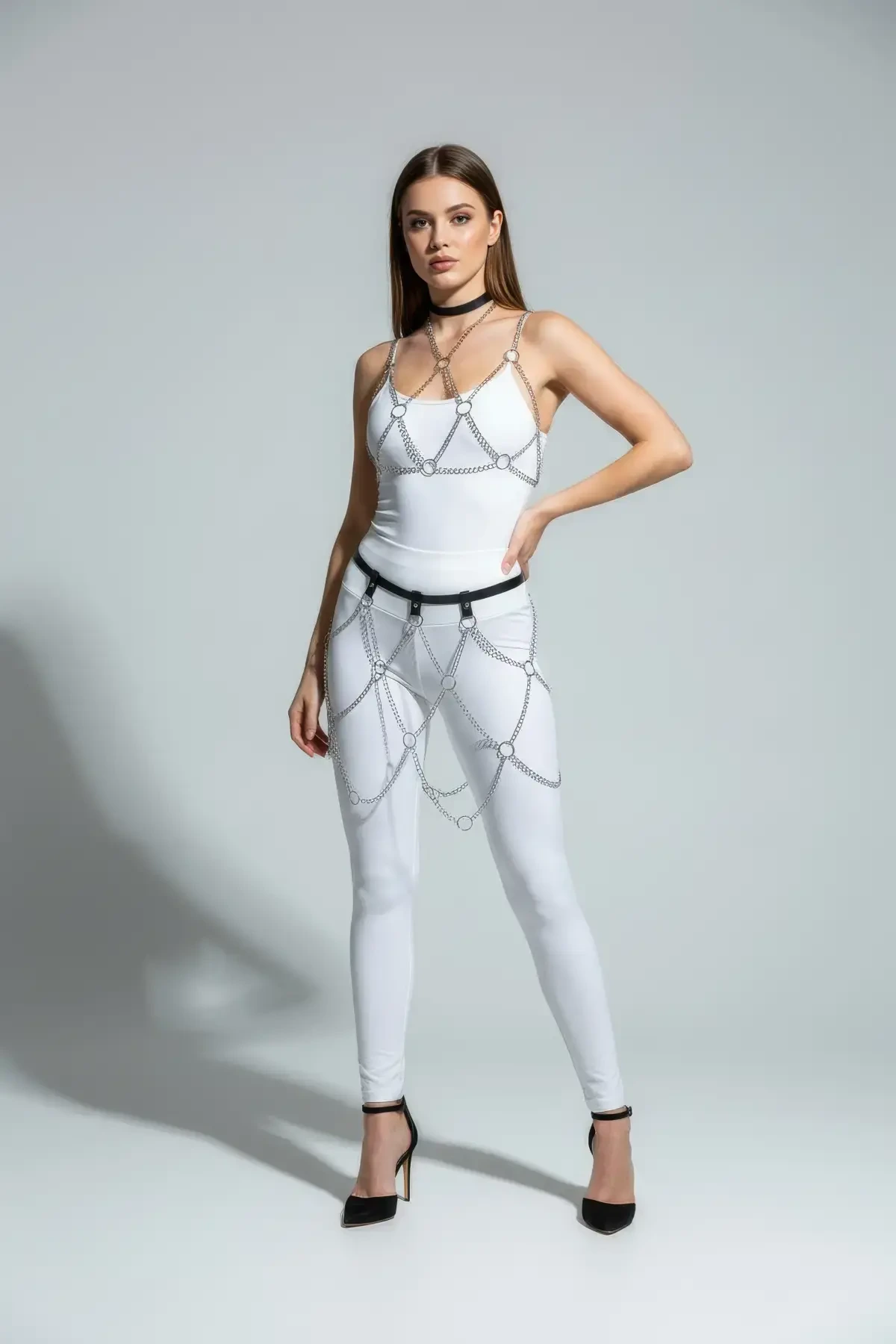 Black Skirt with Silver Chain Detail, Waist and Leg Jewelry - APFT475