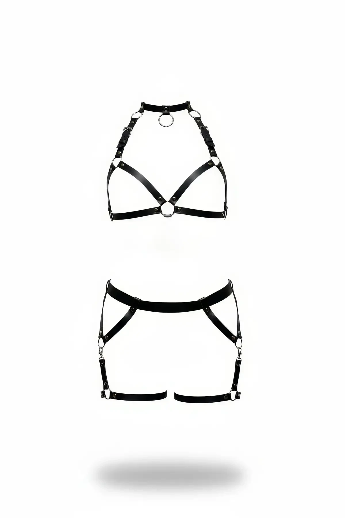 Black Harness Set with Faux Leather Ring Detail - APFT478