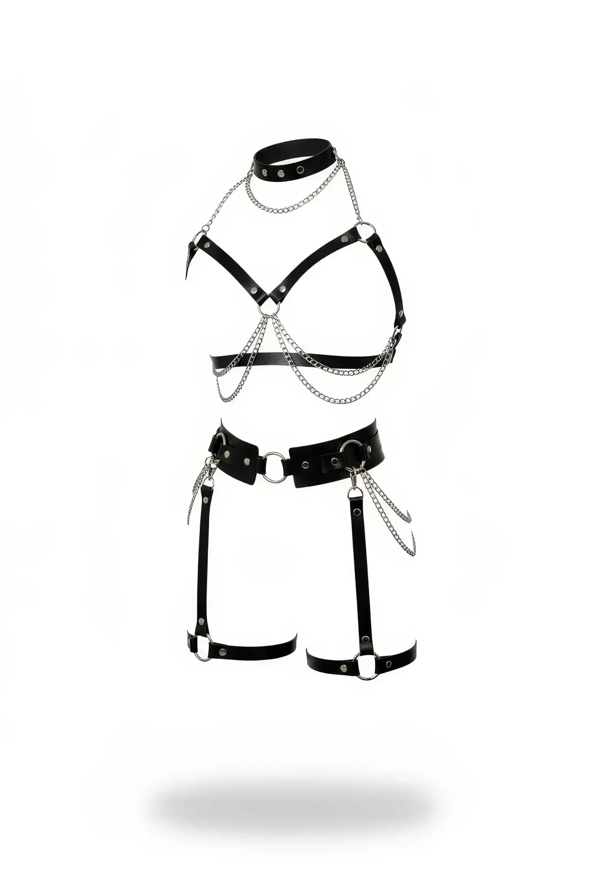 Black Harness Suit Chain Detailed Leather High Collar Garter Set - APFT486