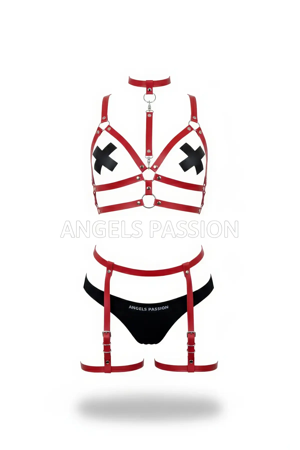 Red Harness Suit with Neck Collar and Garter with Metal Detail - APFT488