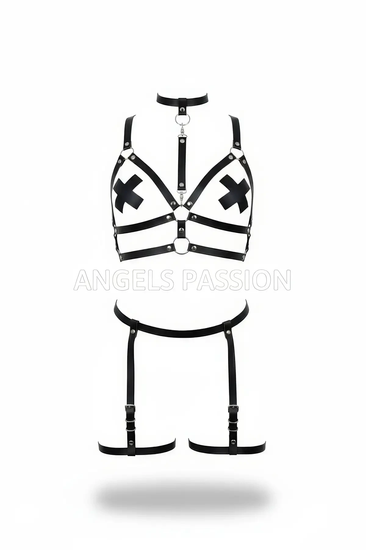 Black Harness Suit with Cross Detail and Ring Garter - APFT488