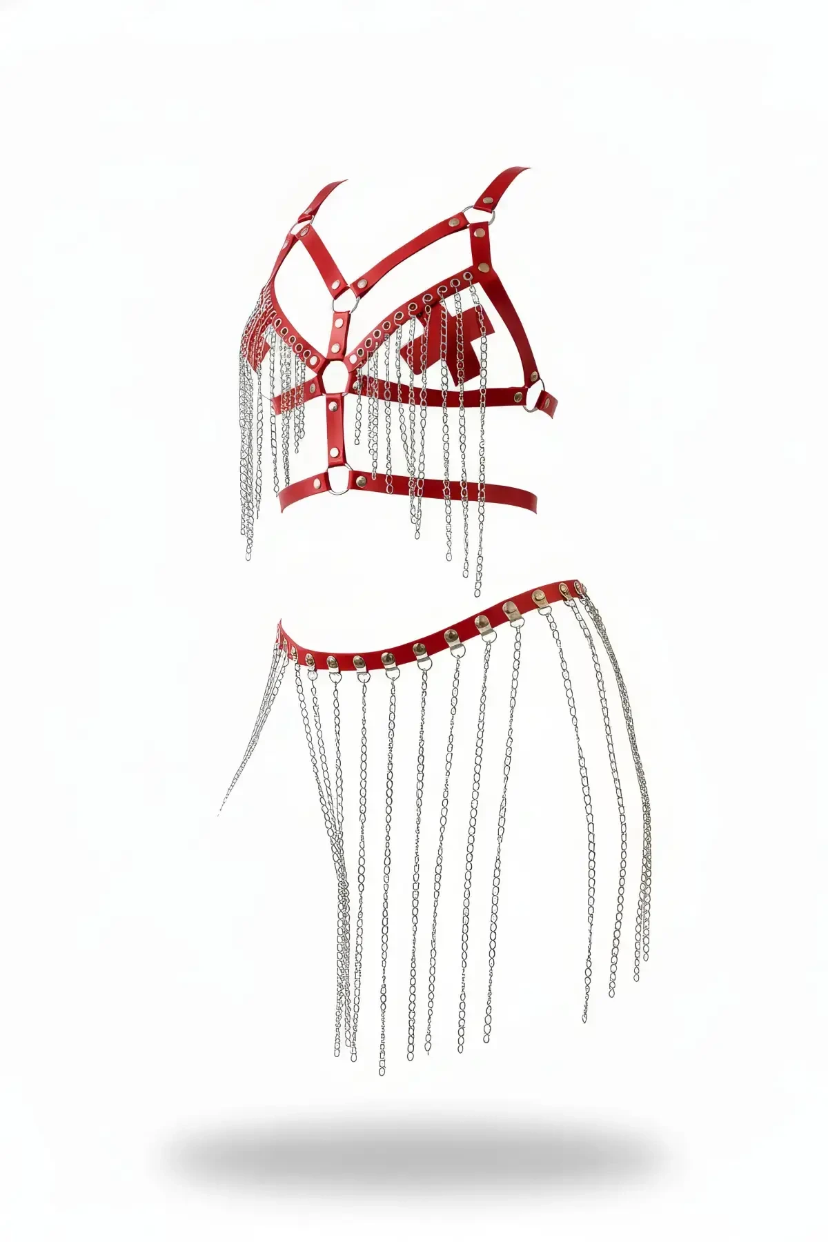 Red Skirt with Leather Chain Detail and Ring Accessories - APFT496