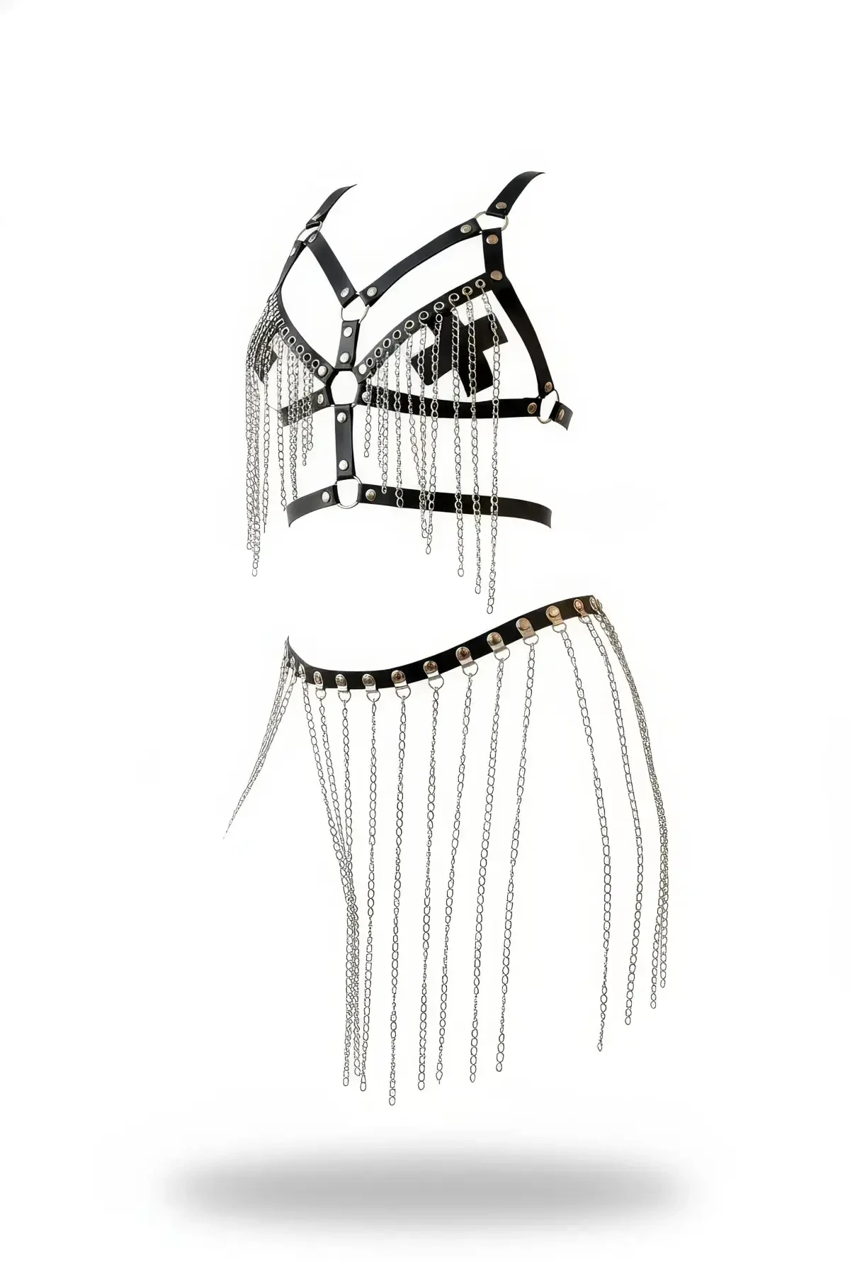 Black Skirt Faux Leather Skirt with Metal Ring Detail Skirt with Chain Accessories - APFT496