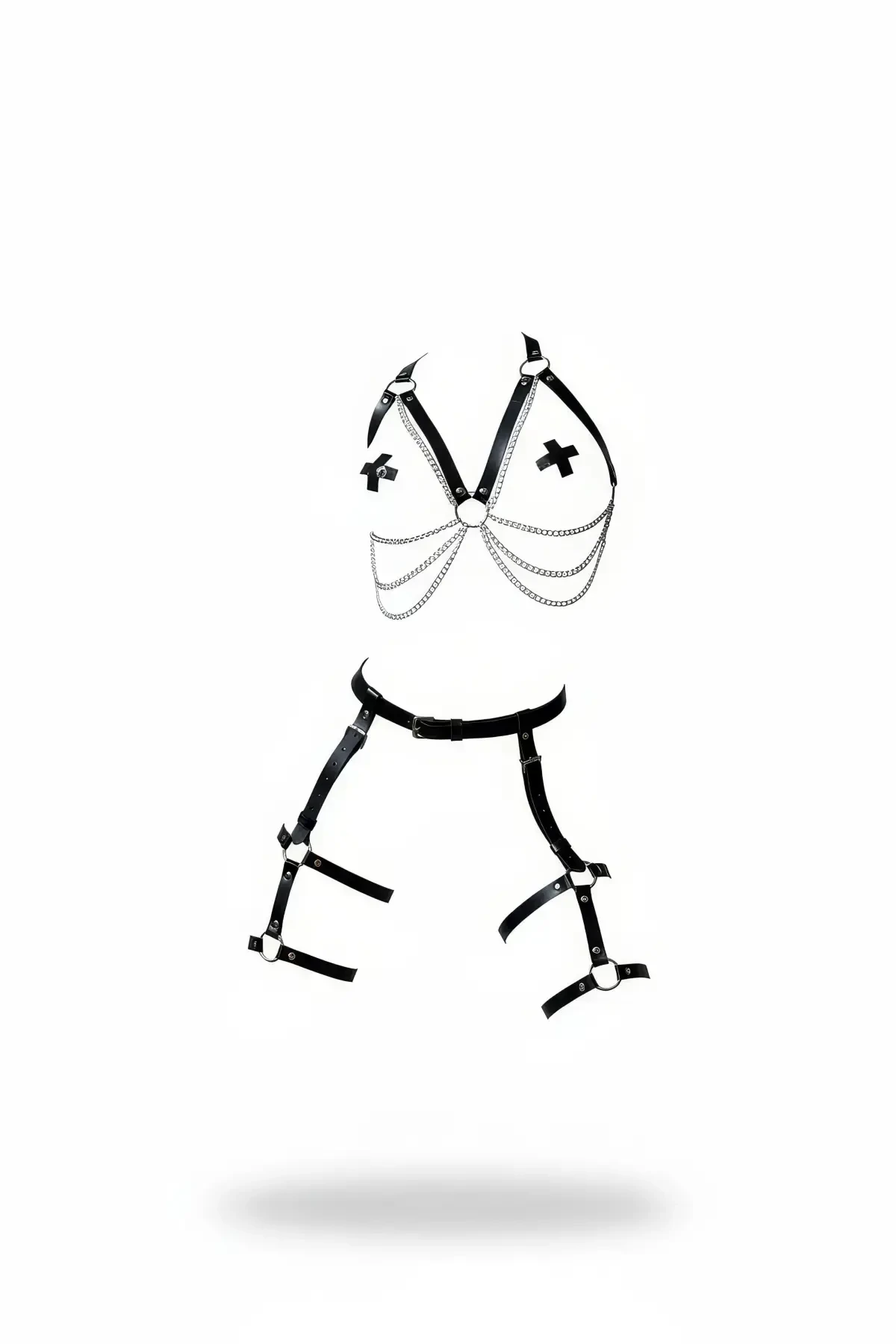 Black Harness Suit Chain Detailed Leather Body Accessory - APFT497