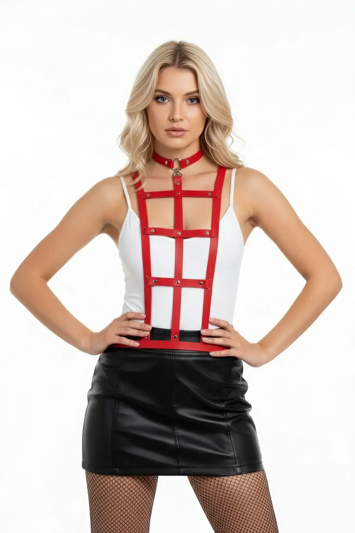 Kırmızı Kadın Kemer Suni Deri Çoklu Şeritli Vücut Aksesuarı - APFT4