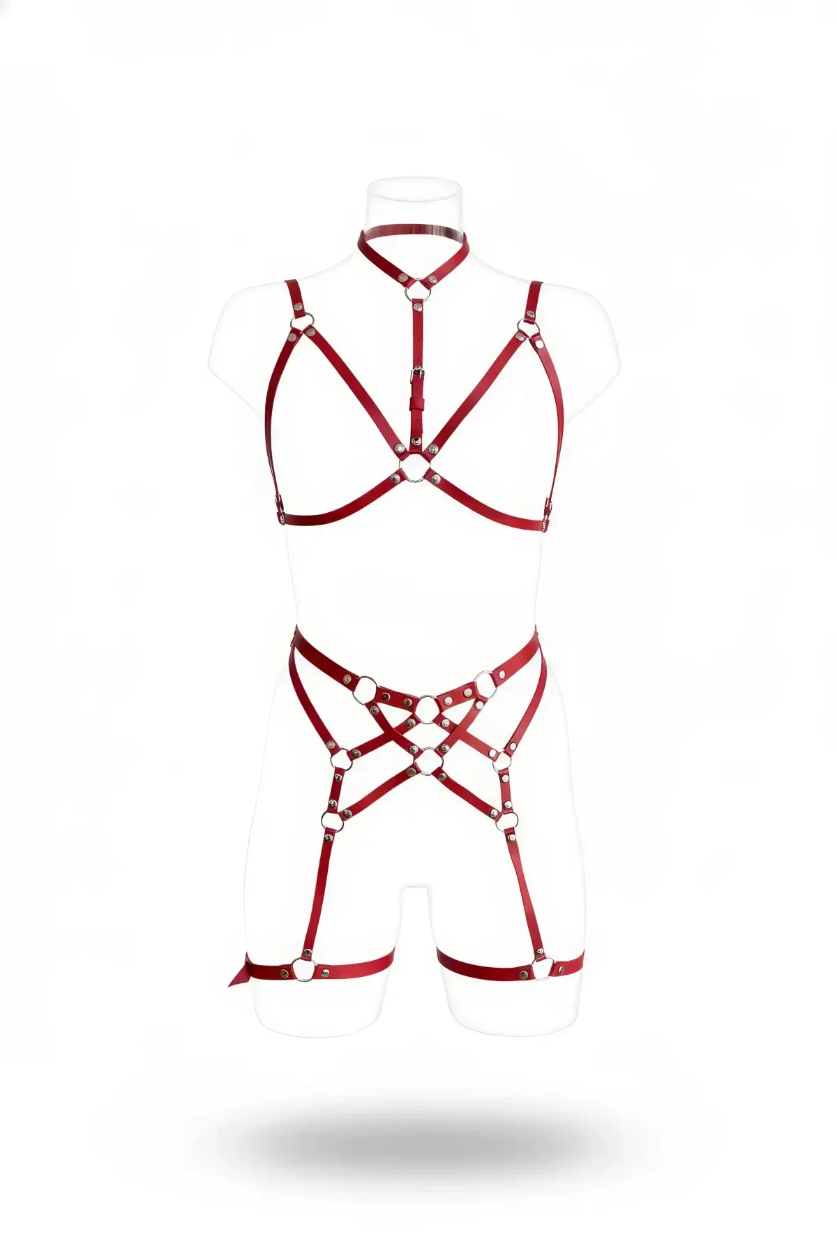 Burgundy Garter Harness Faux Leather Body Suit with O-Ring Detail - APFT507