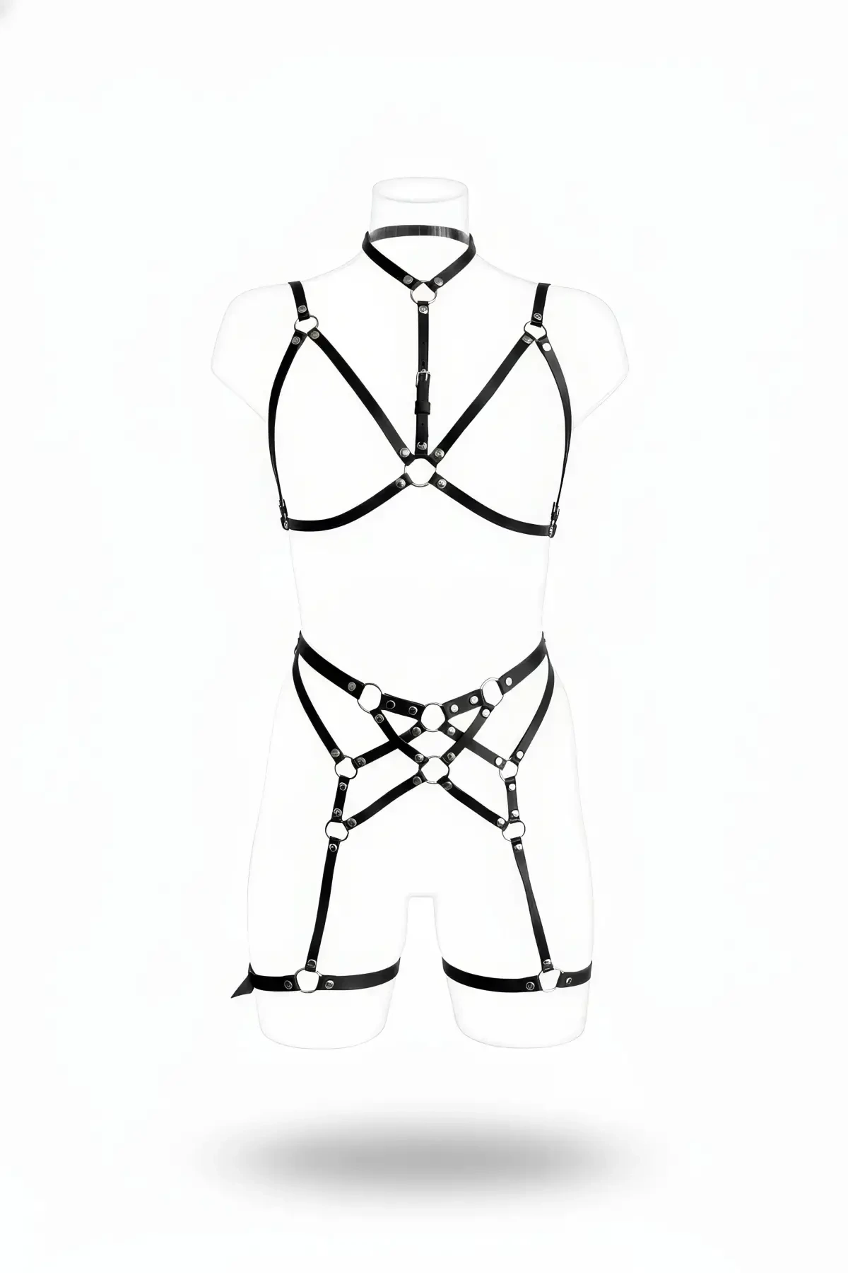 Black Garter Harness Leather Ring Body Suit - APFT507