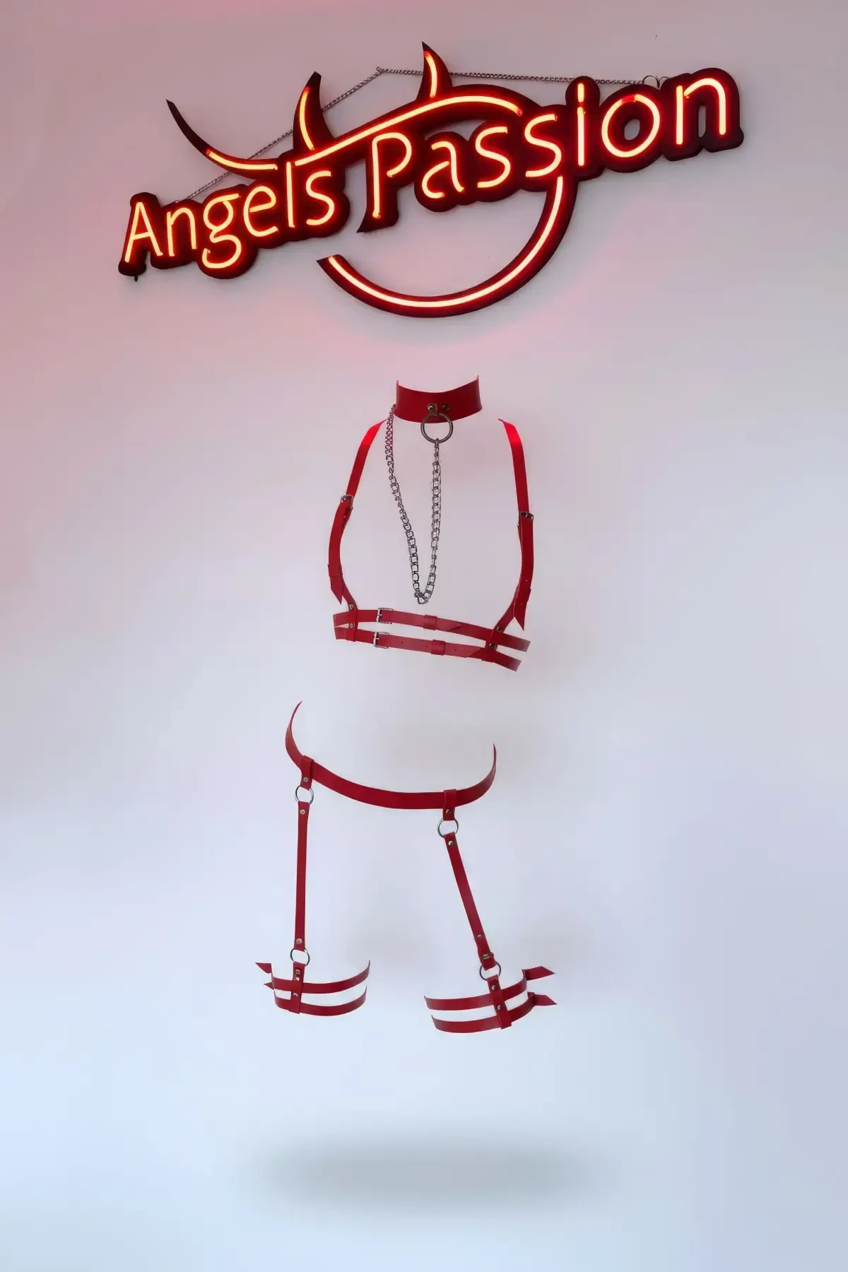 Red Garter Harness Adjustable Body Set with Chain Detail - APFT516