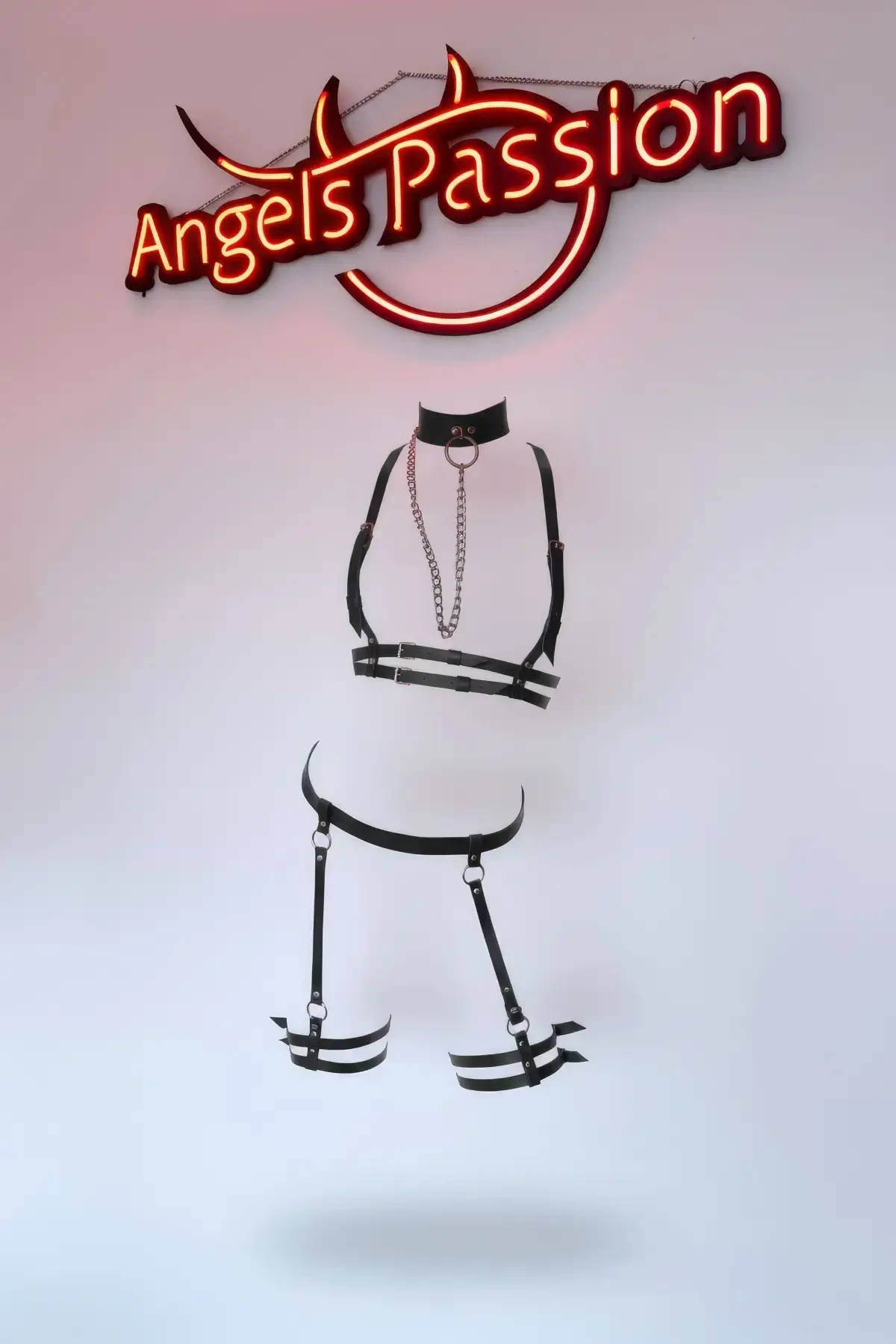 Black Garter Harness Chain Detailed Choker Collar Set - APFT516