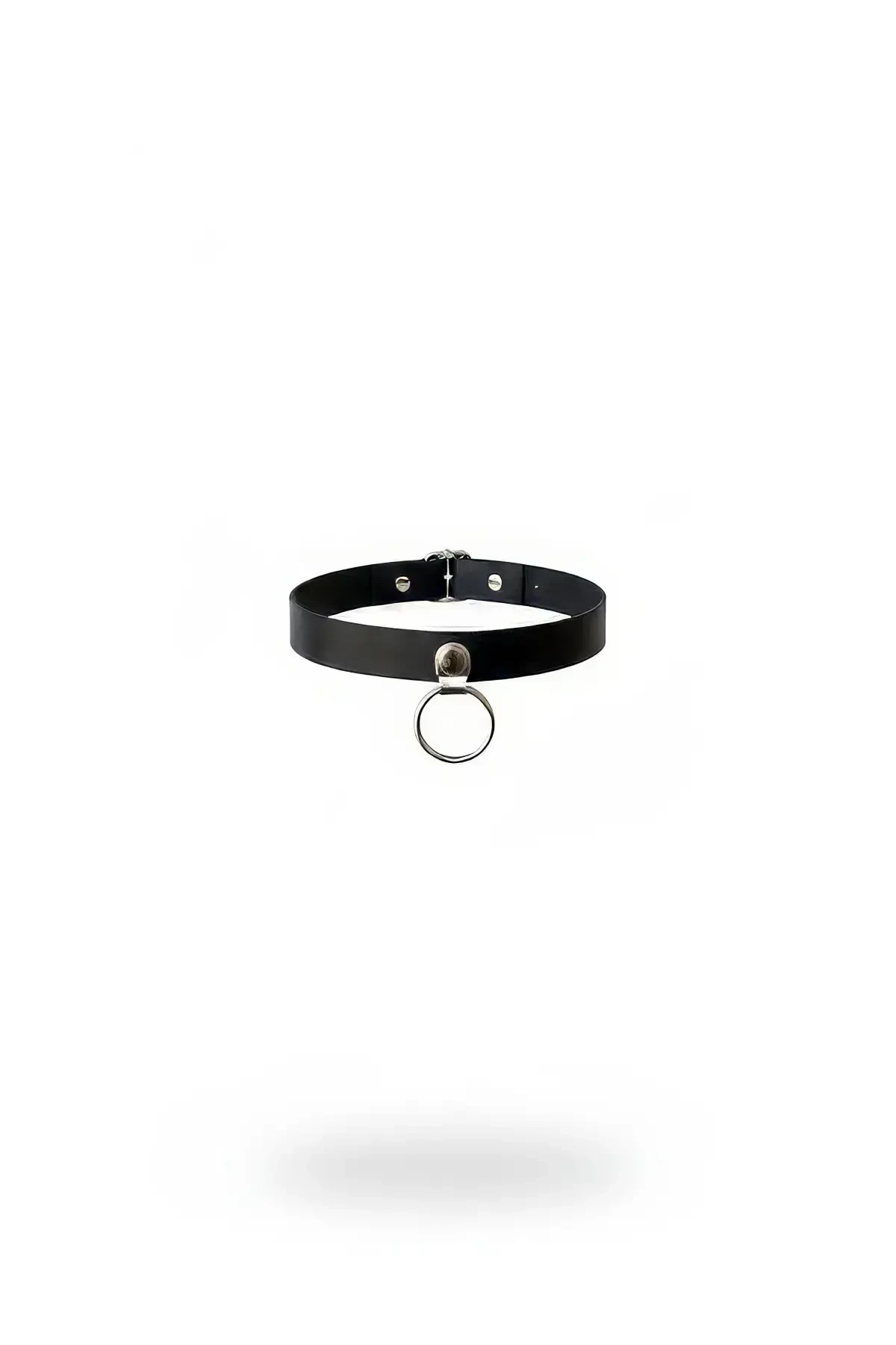 Black Choker Leather Necklace with Metal Ring Detail - APFT519