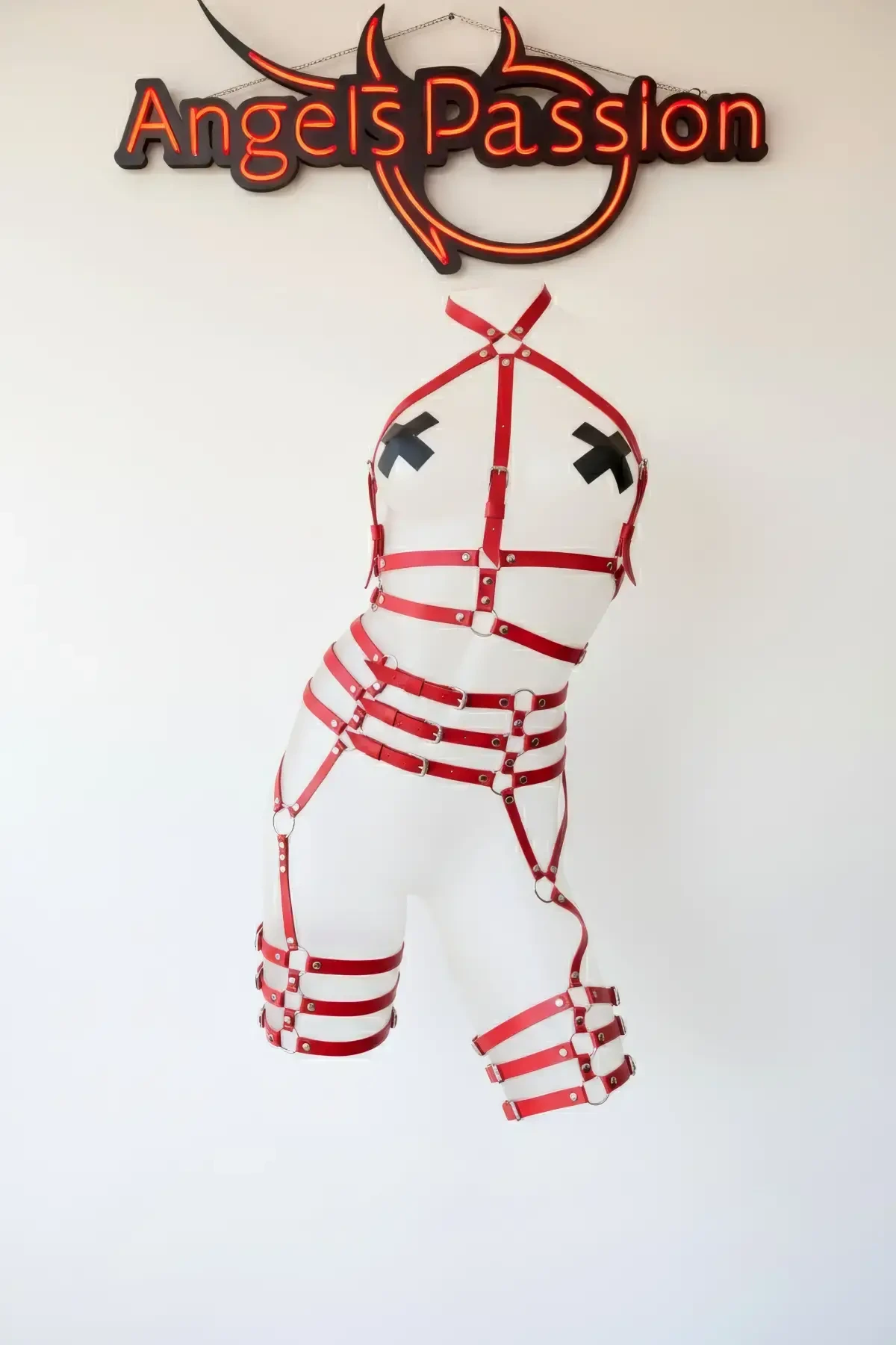 Red Garter Harness with Full Body Leather Buckle - APFT524