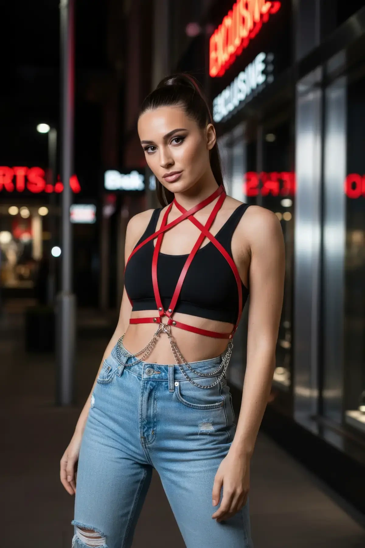 Kırmızı Kadın Kemer Zincir Detaylı Çapraz Vücut Kemeri - APFT52