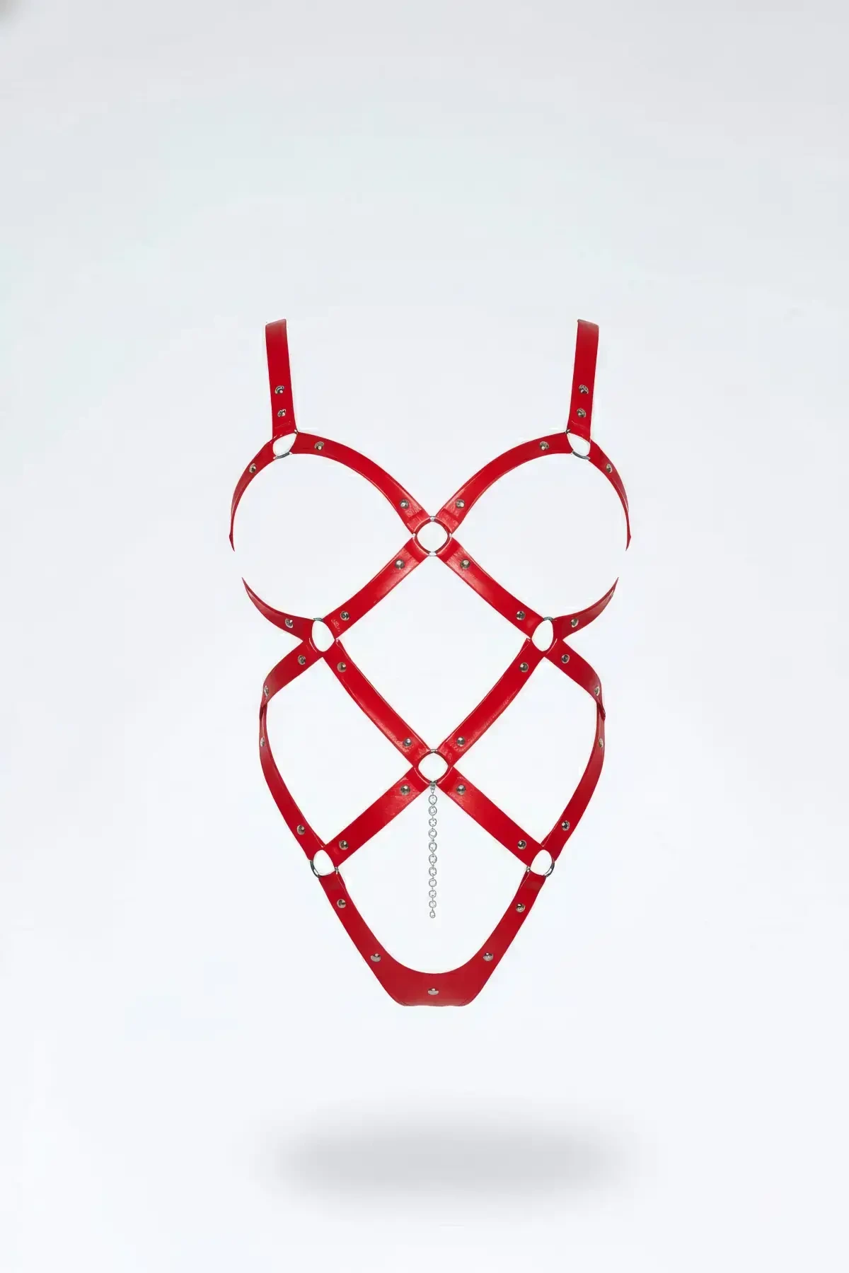 Red Body Harness Leather Cage Structure with Metal Ring Detail - APFT542
