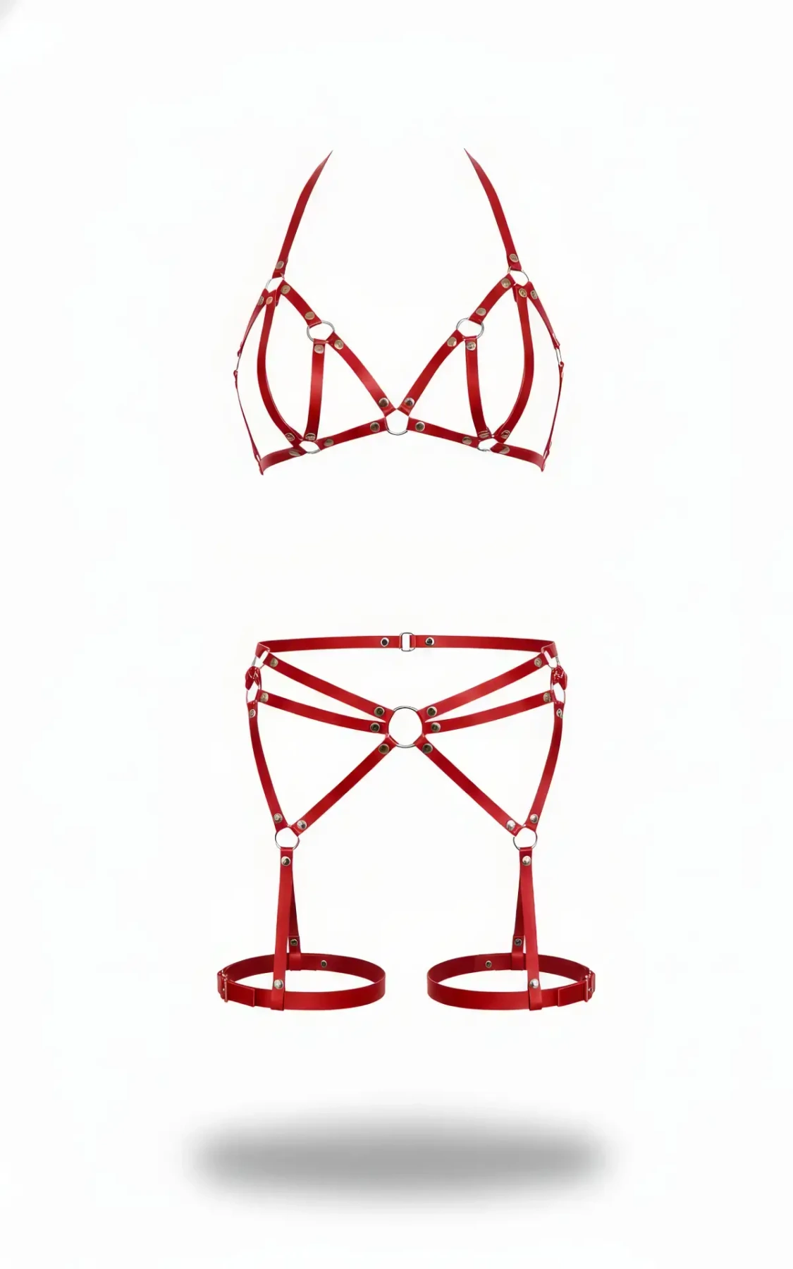 Red Harness Set Metal Ring Detailed Bralette Garter Set - APFT547