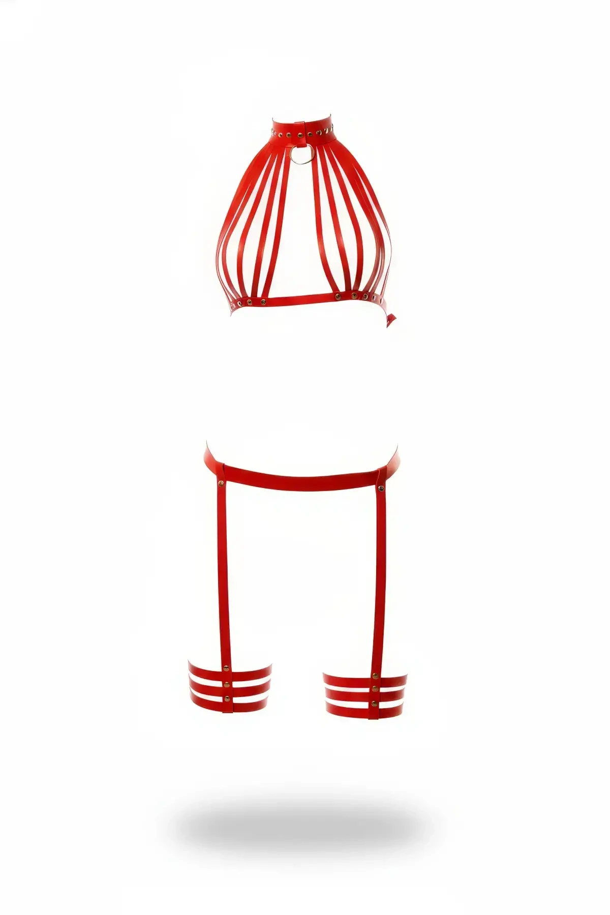 Red Harness Suit with Faux Leather Neck Collar and Garter Detail - APFT552