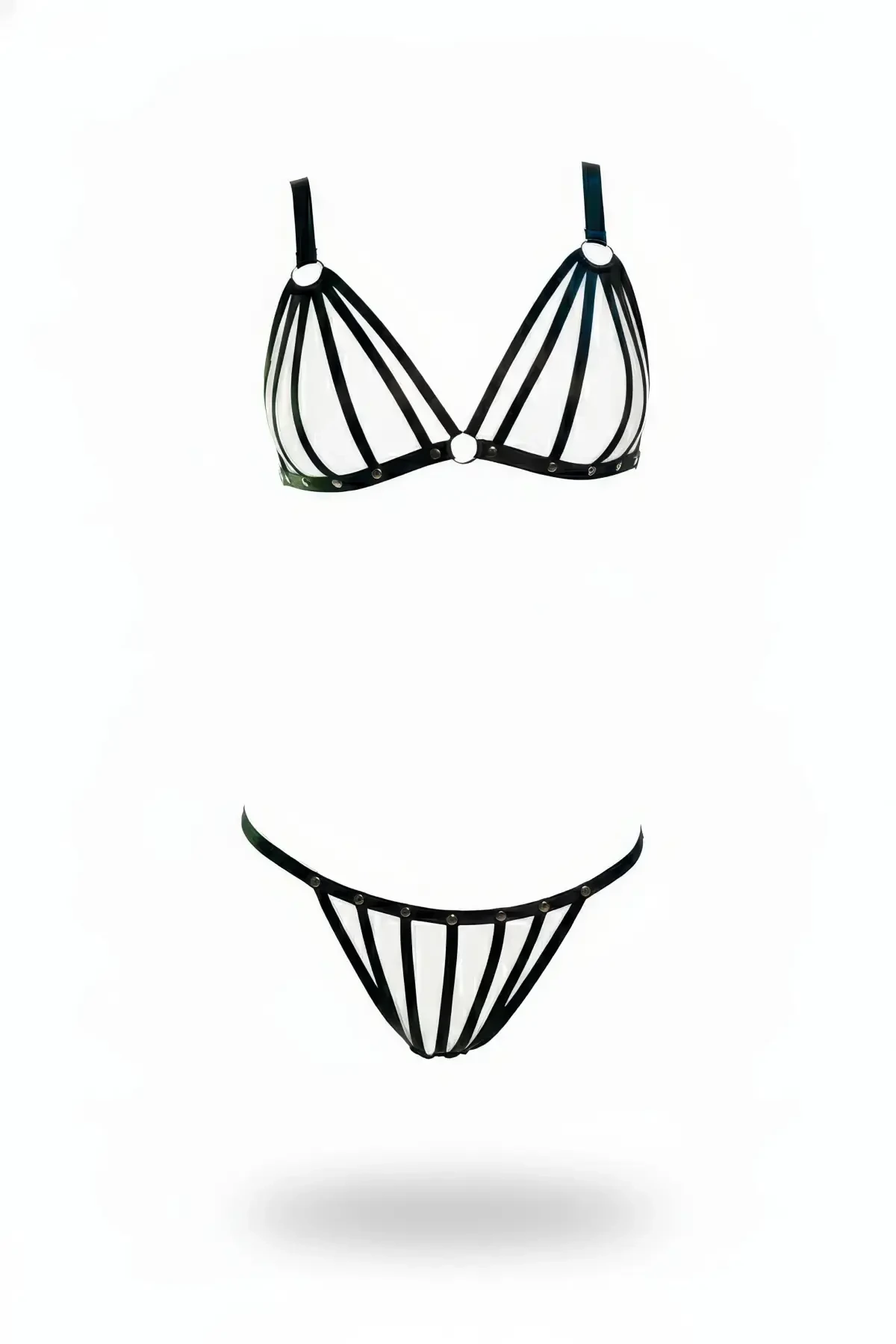 Black Harness Set with Cage Band and Metal Ring Detail - APFT555