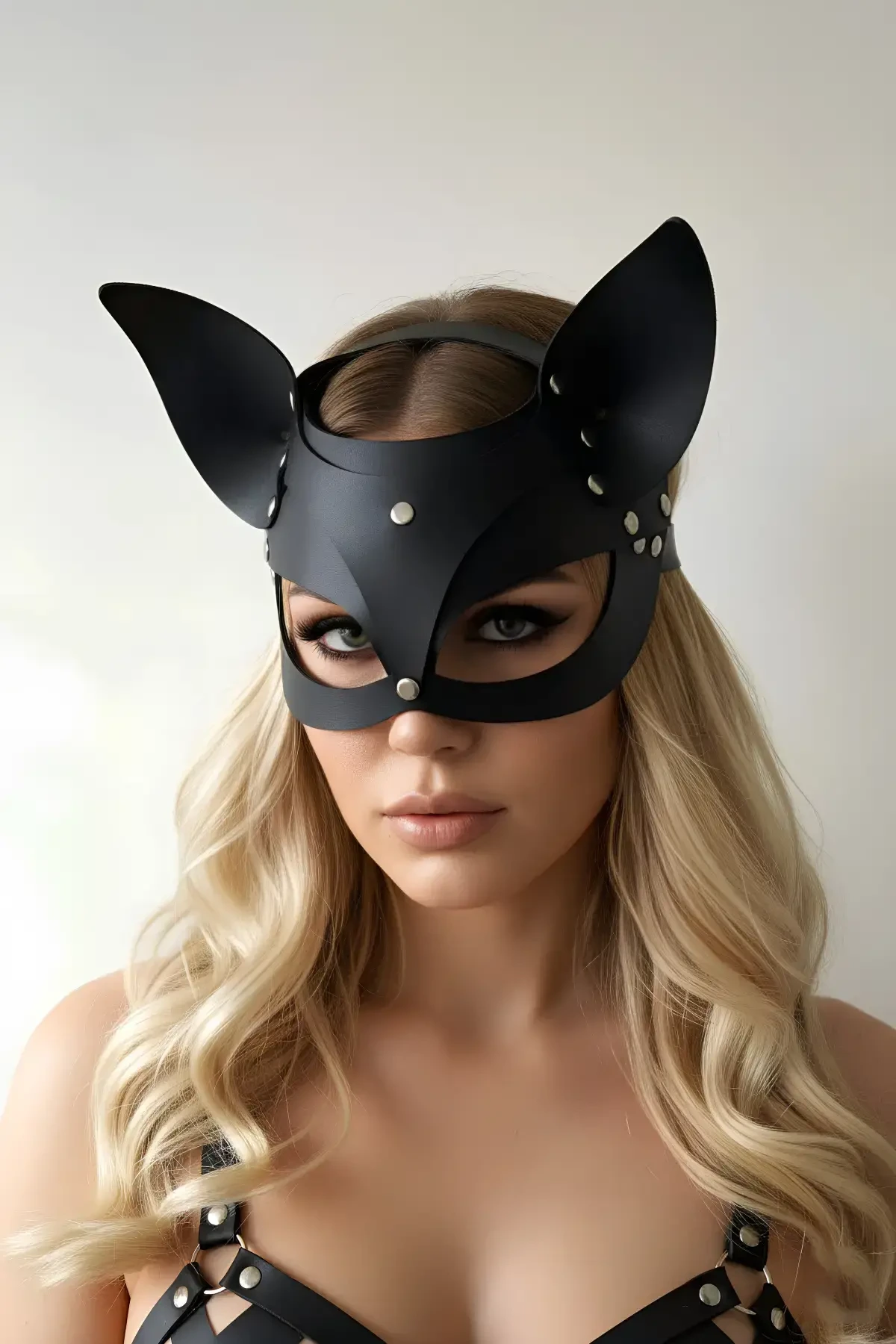 Black Mask Leather Cat Ears Party Accessory - APFT557