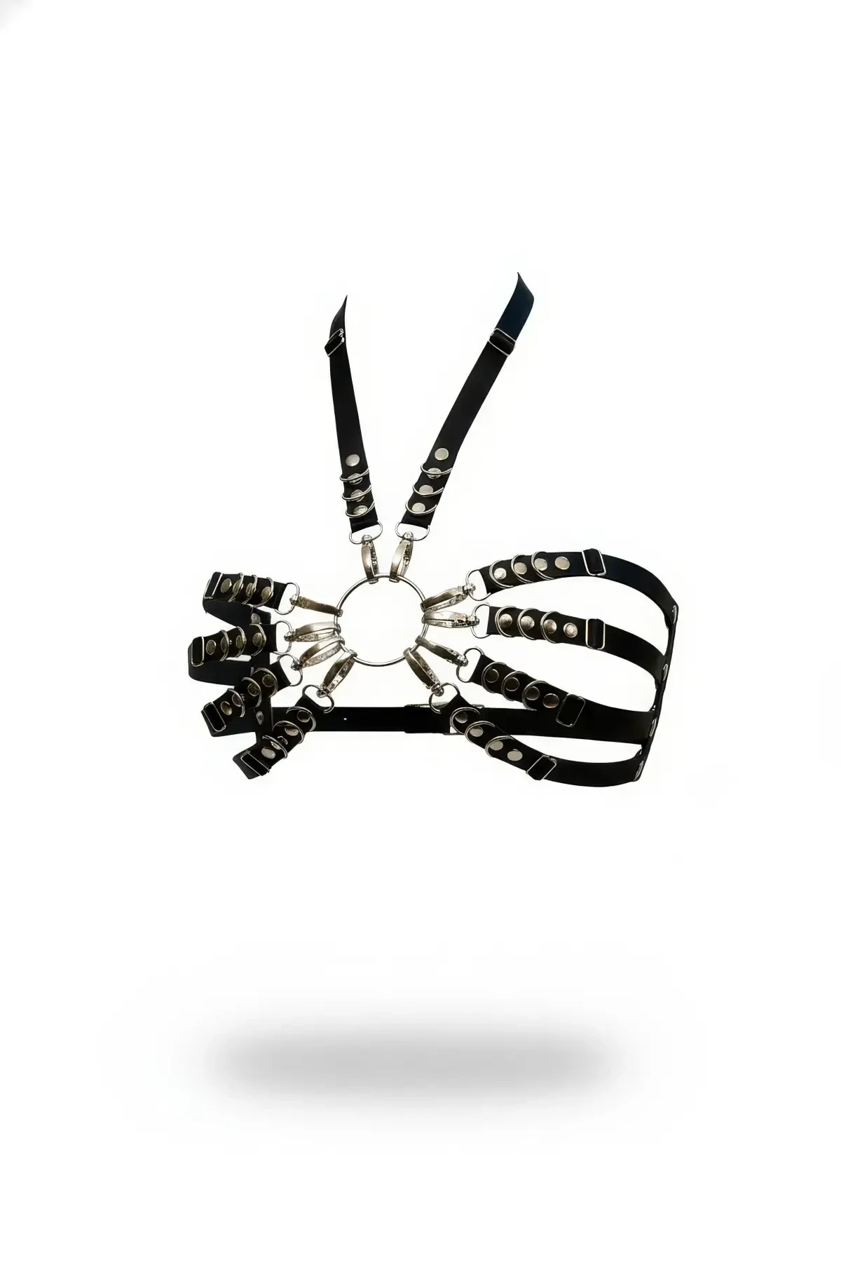 Black Chest Harness Faux Leather with Metal Ring Detail - APFT564