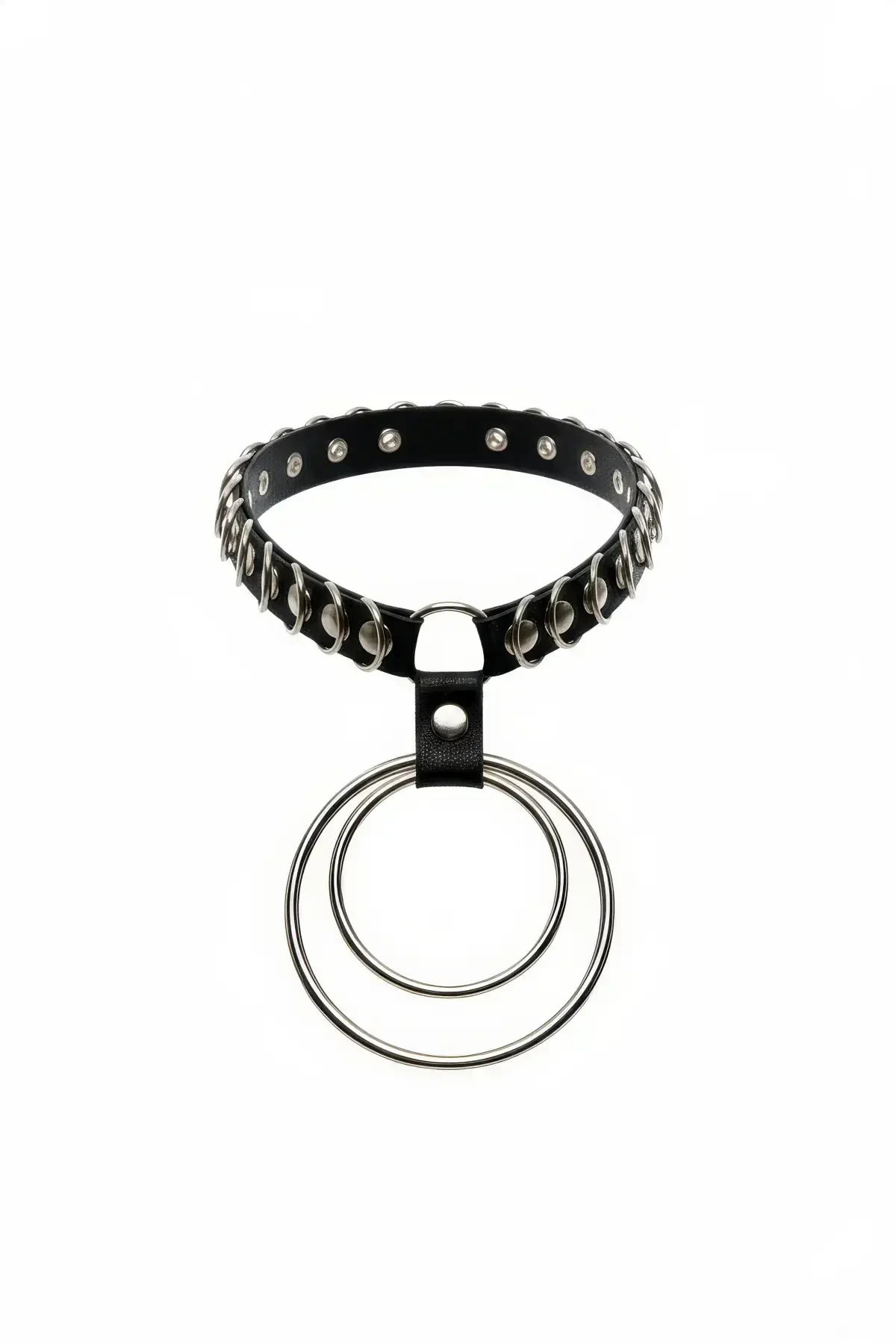 Black Choker Studded Double Ring Rubber Necklace - APFT576