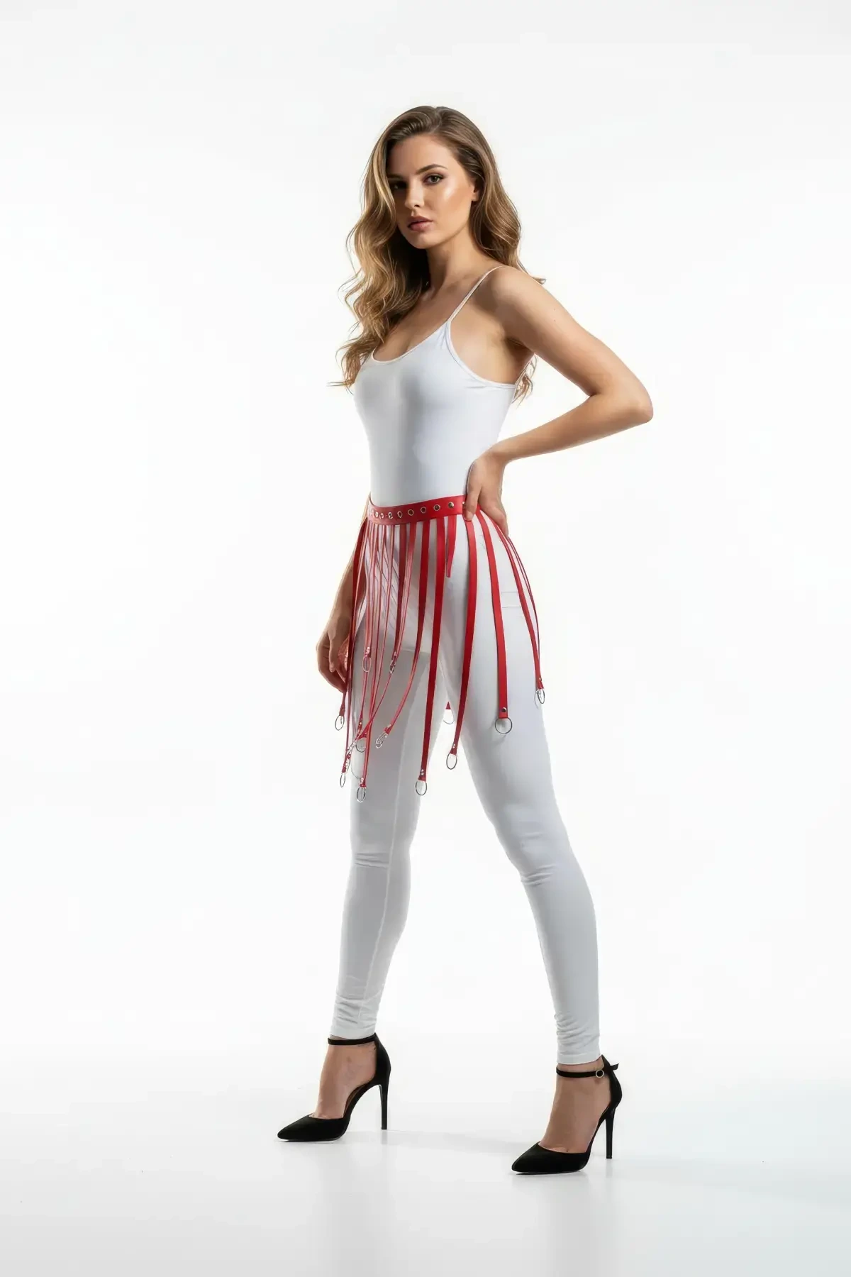 Red Skirt Leather Hoop Detailed Skirt Mini Skirt Accessory - APFT579