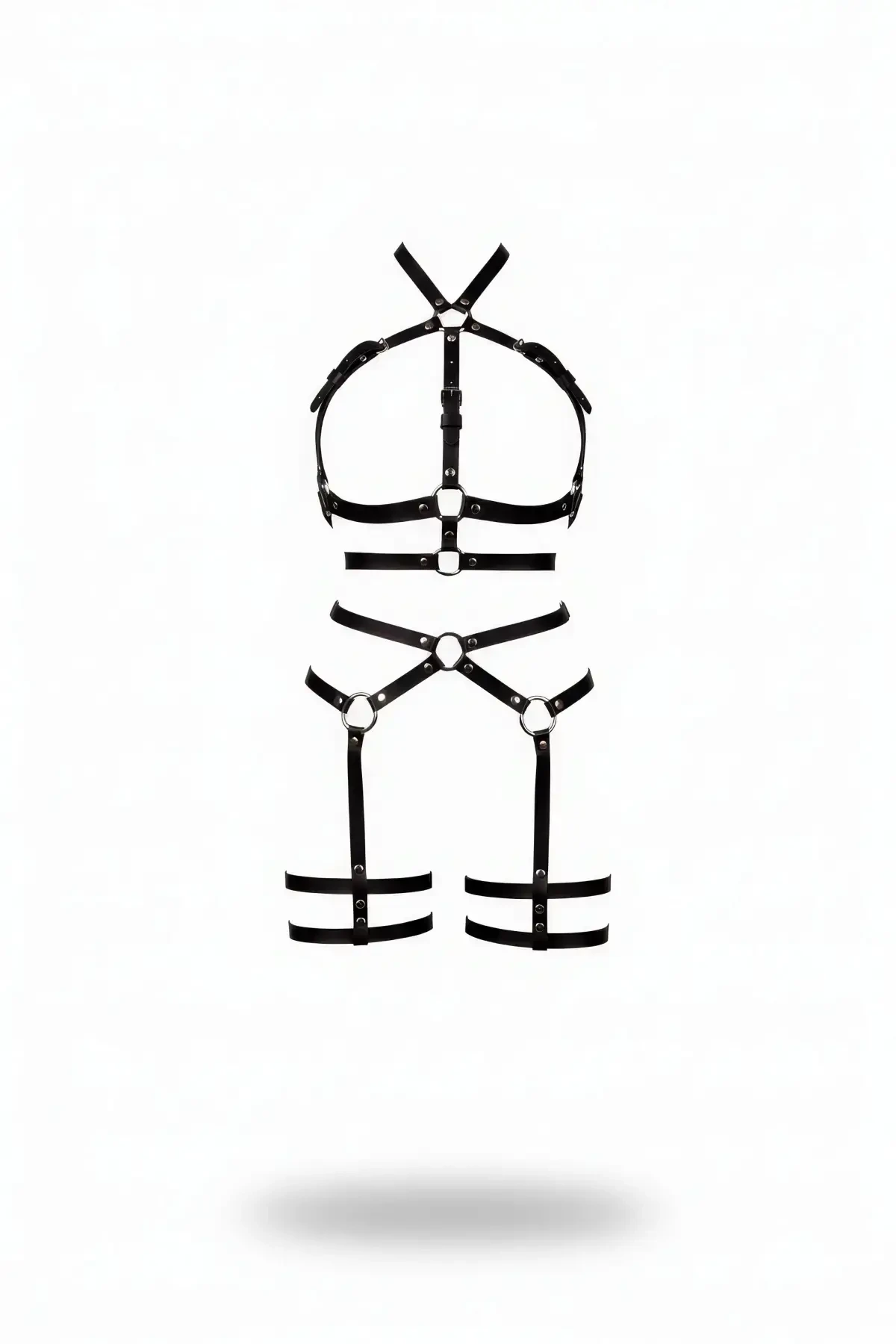 Black Harness Set with Leather Band and Metal Ring Detail - APFT598