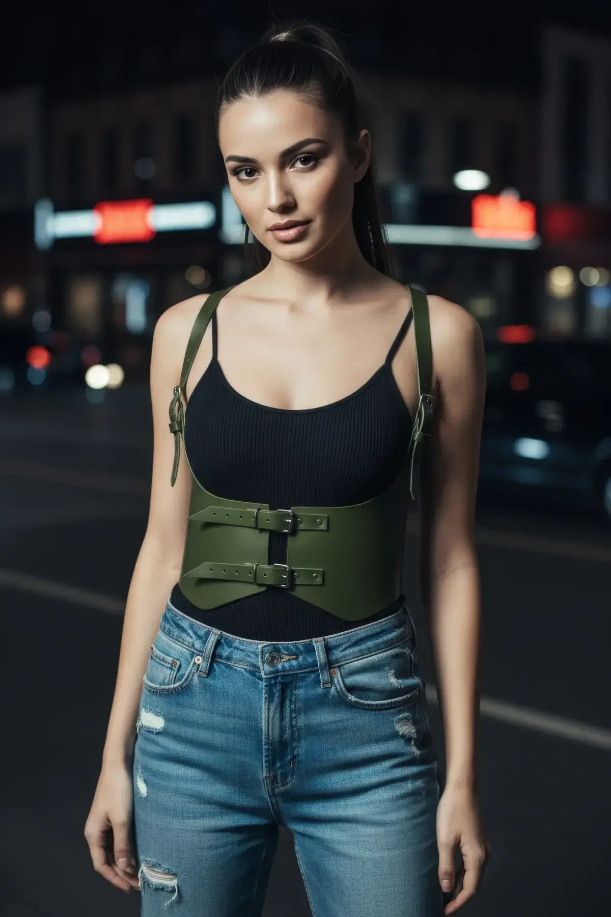 Haki Kadın Kemer Korse Kesimli Omuz Detaylı Suni Deri - APFT612