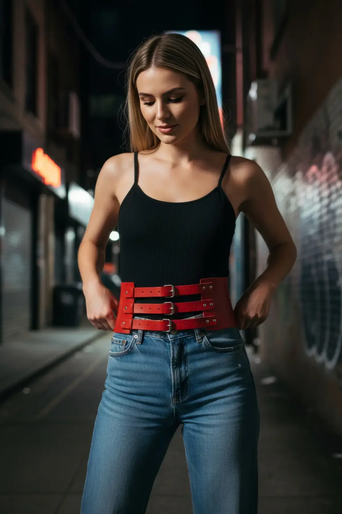 Kırmızı Kadın Kemer Kalın Üç Tokalı Bel Aksesuarı - APFT624