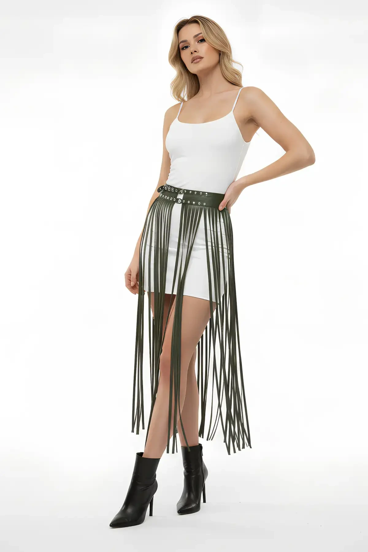 Khaki Skirt Long Tasseled Faux Leather Skirt Studded Detailed Skirt - APFT637