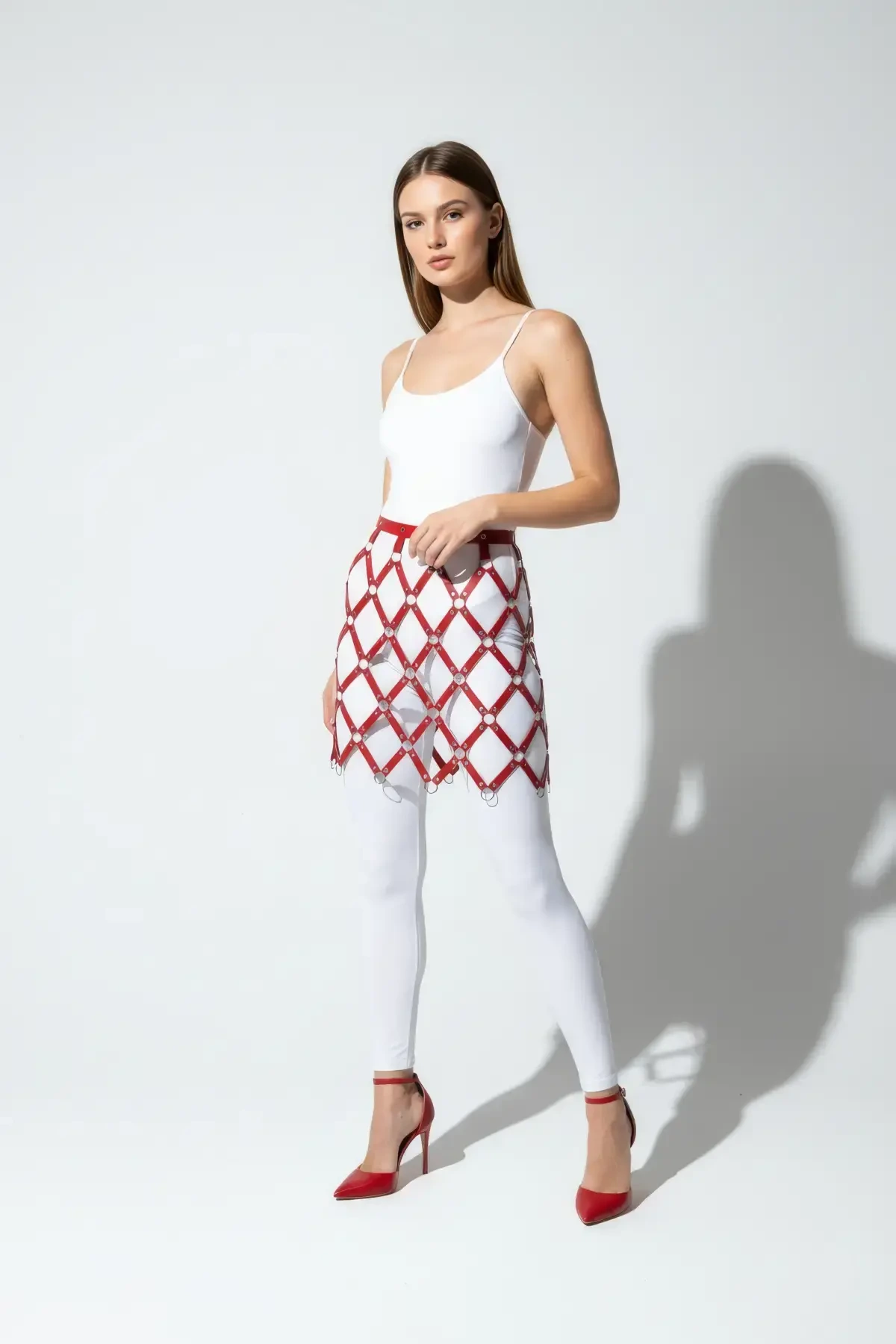 Red Skirt Leather Argyle Patterned Skirt with Hoop Detail Mini Skirt - APFT694