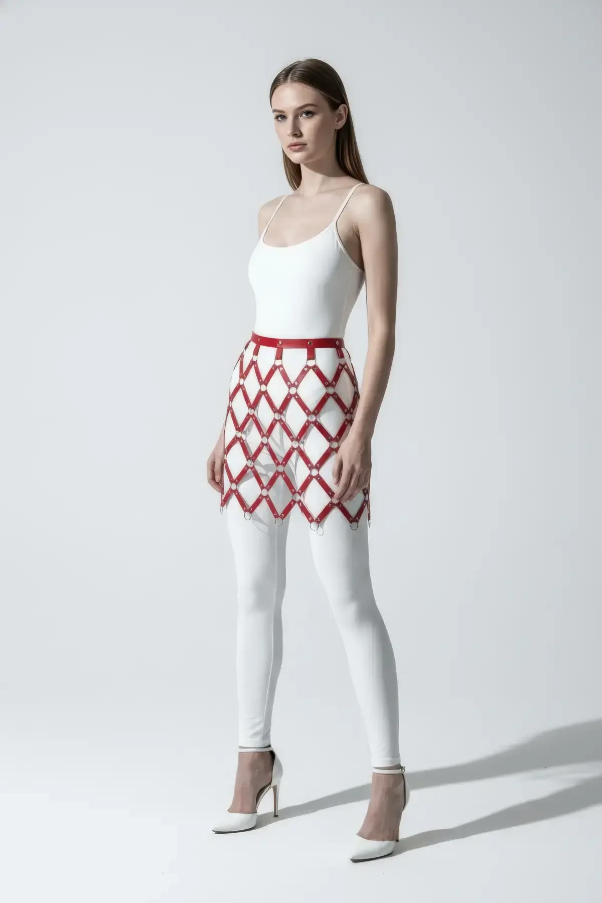 Red Skirt Leather Argyle Patterned Skirt with Hoop Detail Mini Skirt - APFT696