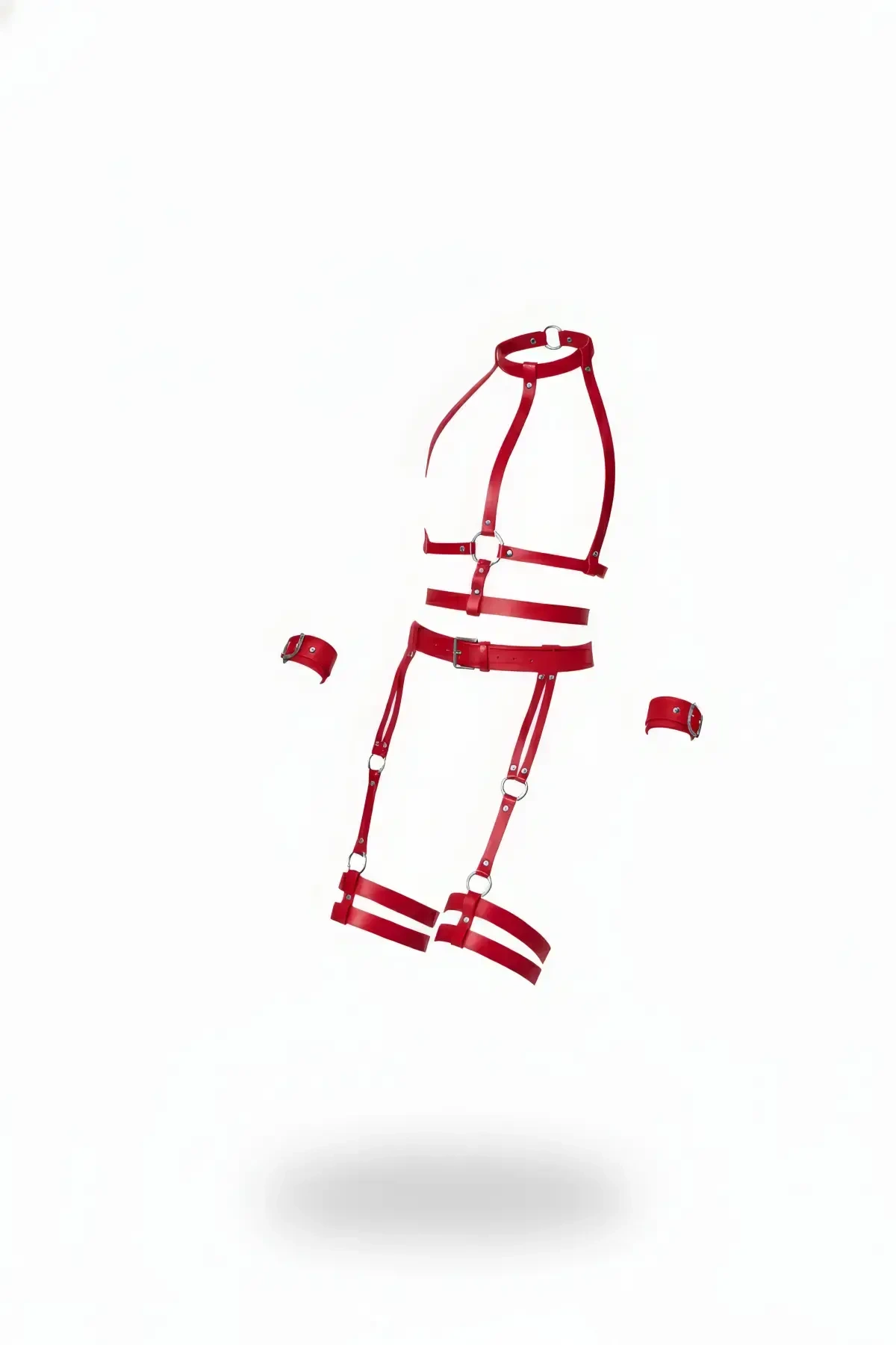 Red Garter Harness Leather Body Cage Bracelet Set - APFT697