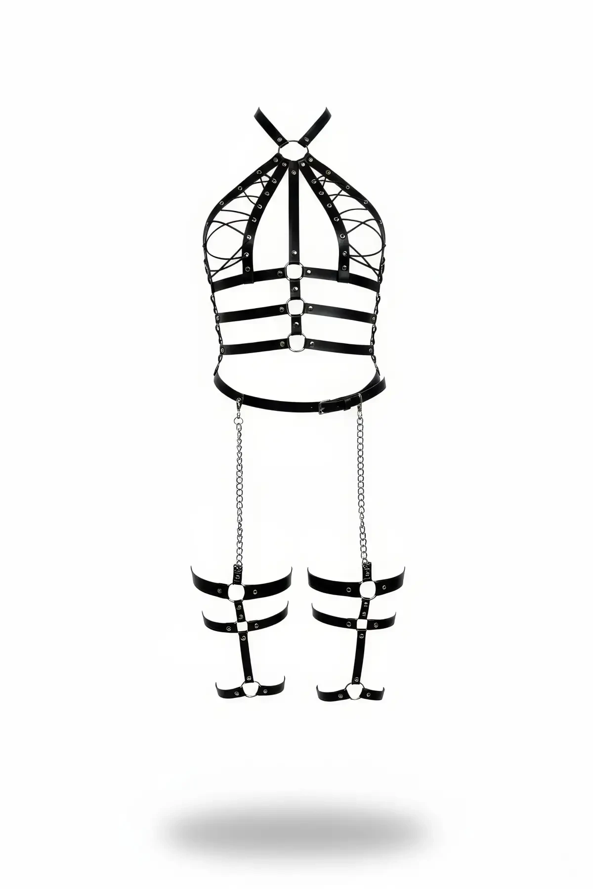 Black Garter Harness Halter Neck with Chain Detail - APFT698