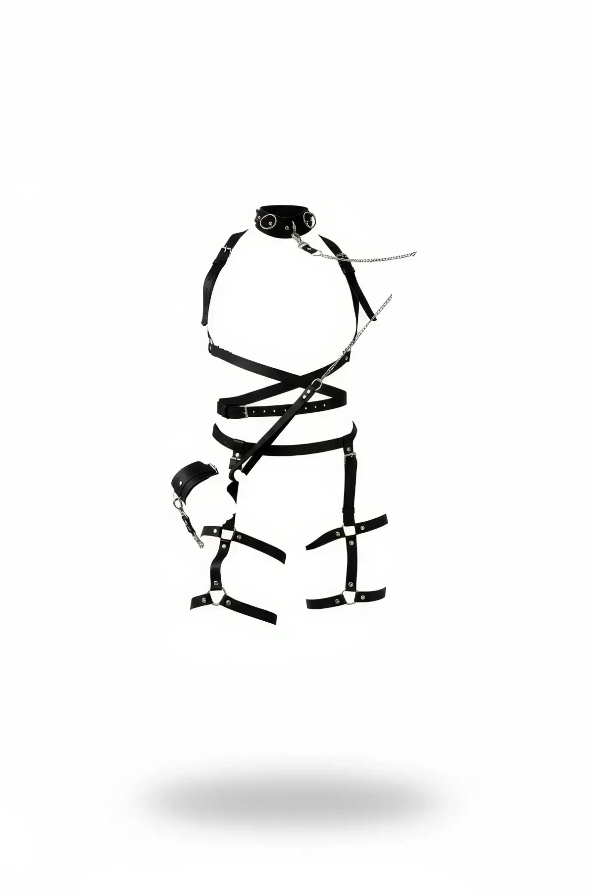 Black Harness Suit Leather Chain Detailed Body Garter - APFT702