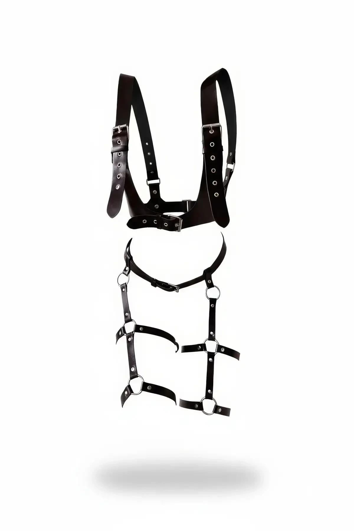 Black Harness Set with Leather Buckle and Metal Ring Detail - APFT703