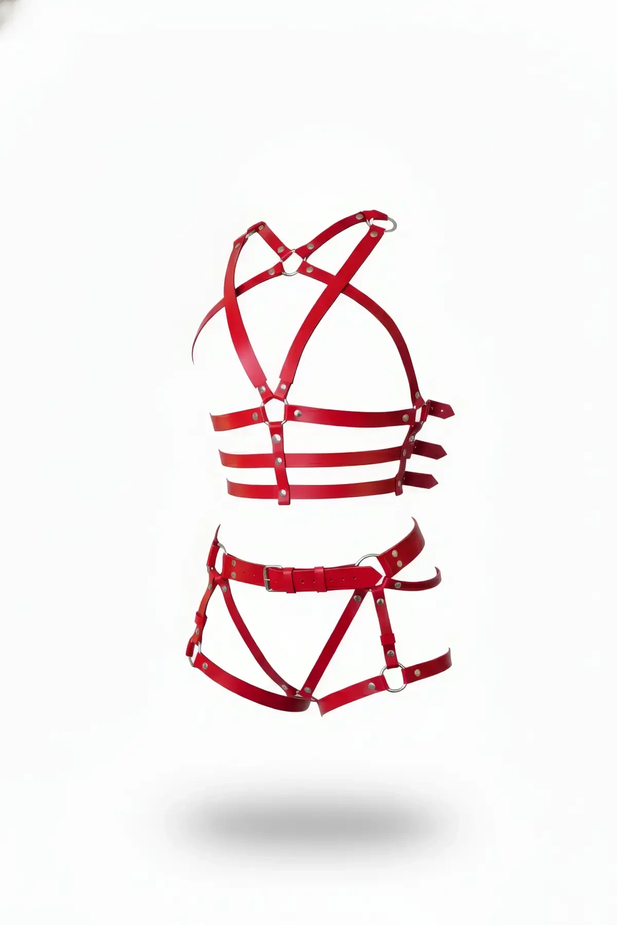Red Harness Set with Faux Leather Adjustable Ring Detail - APFT704