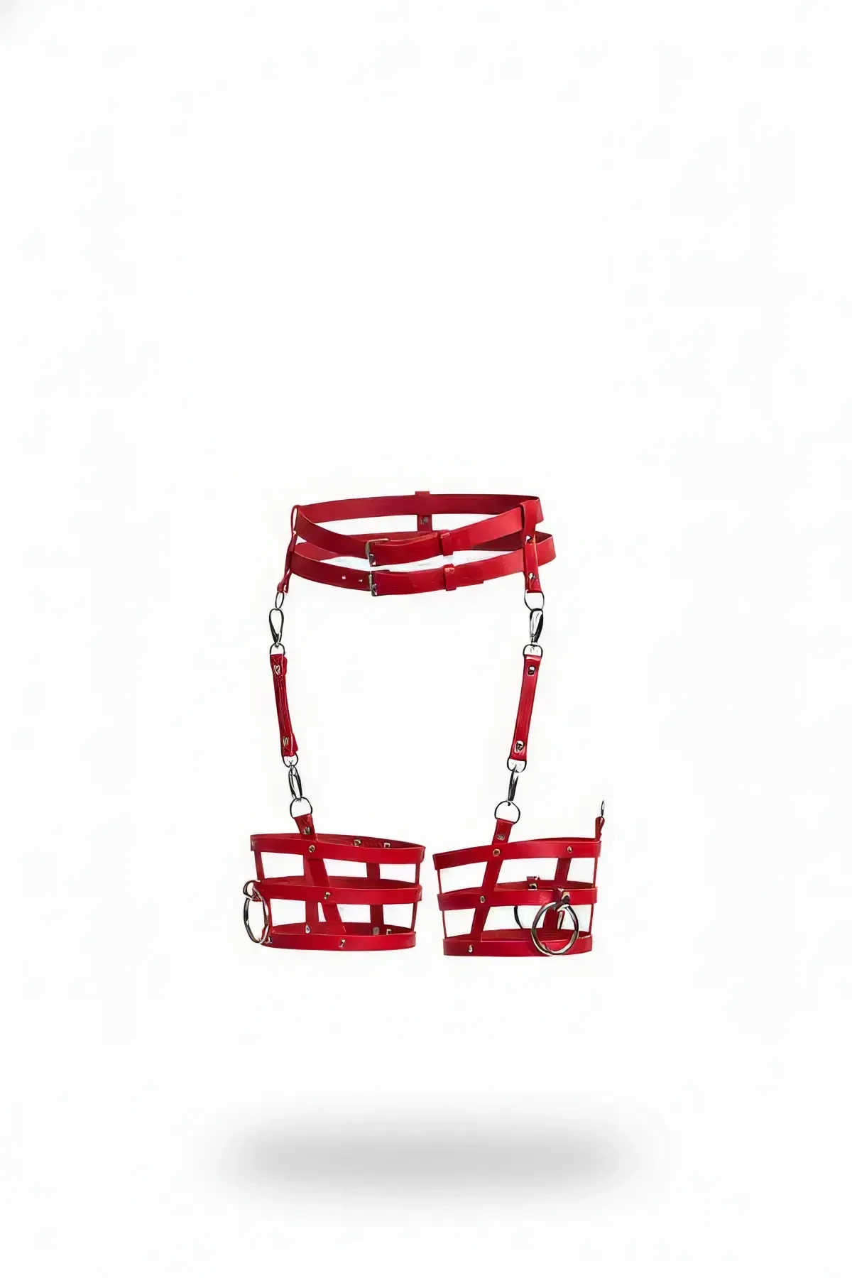 Red Garter Harness with Leather Buckle and Cage Detail - APFT705
