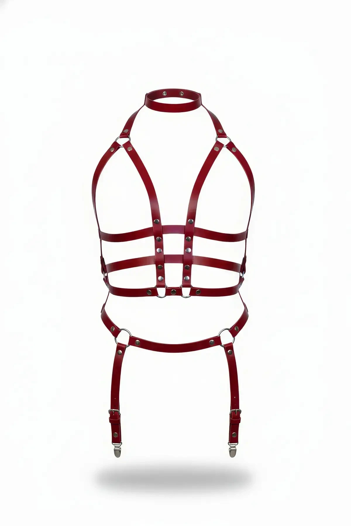 Claret Red Harness Suit with Neck Collar and Garter Leather Body Accessory - APFT707
