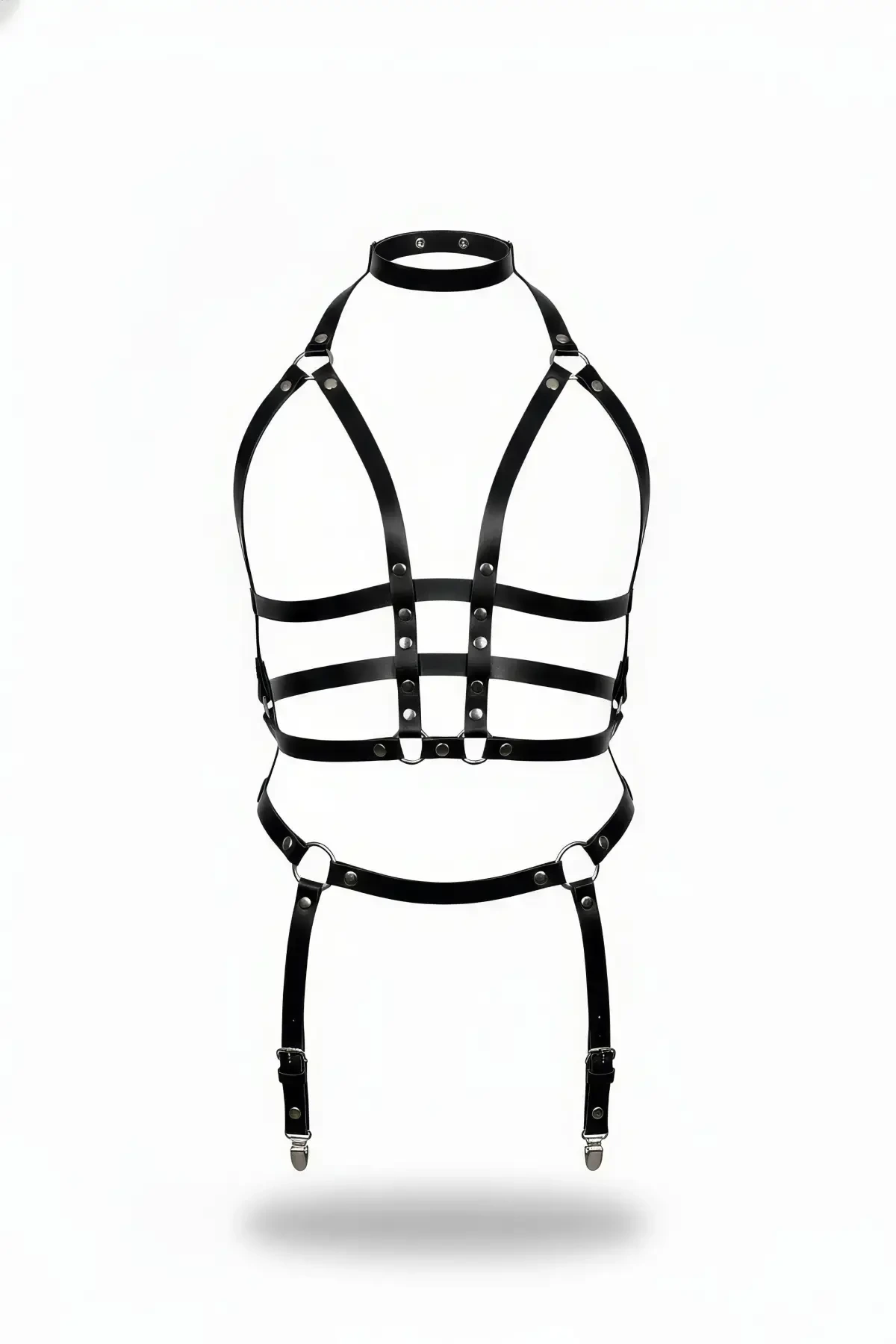 Black Harness Suit Leather High Collar with Garter - APFT707